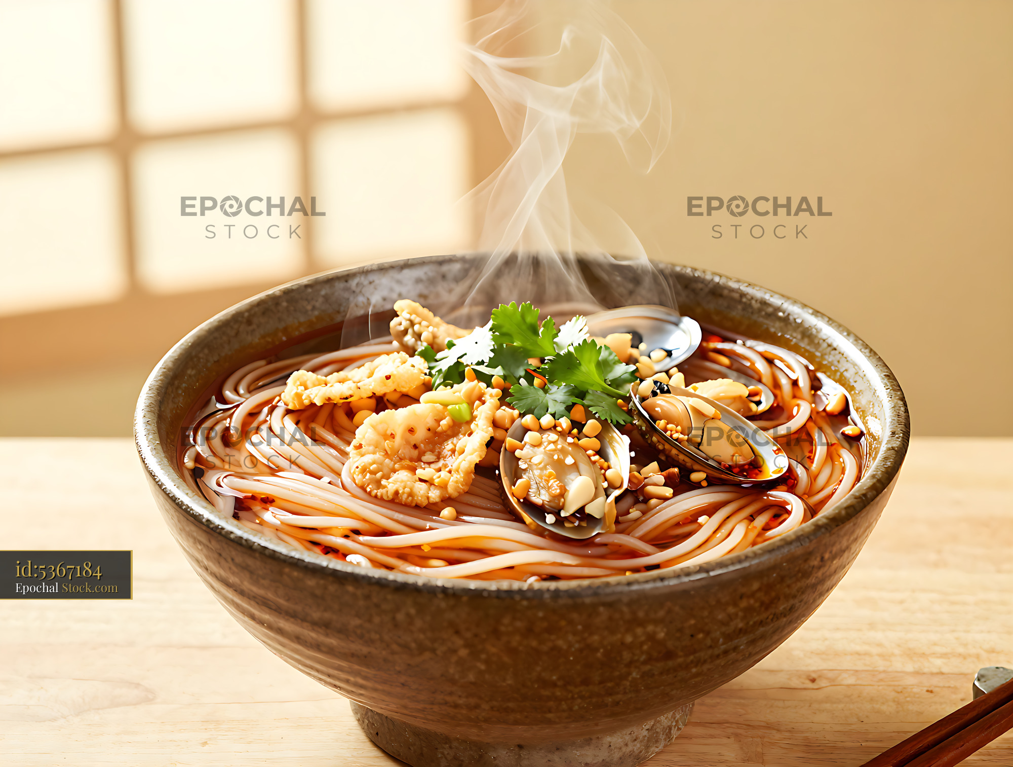 Steaming bowl of Xiamen Sha Cha Mian with seafood and pork rinds - stock photo