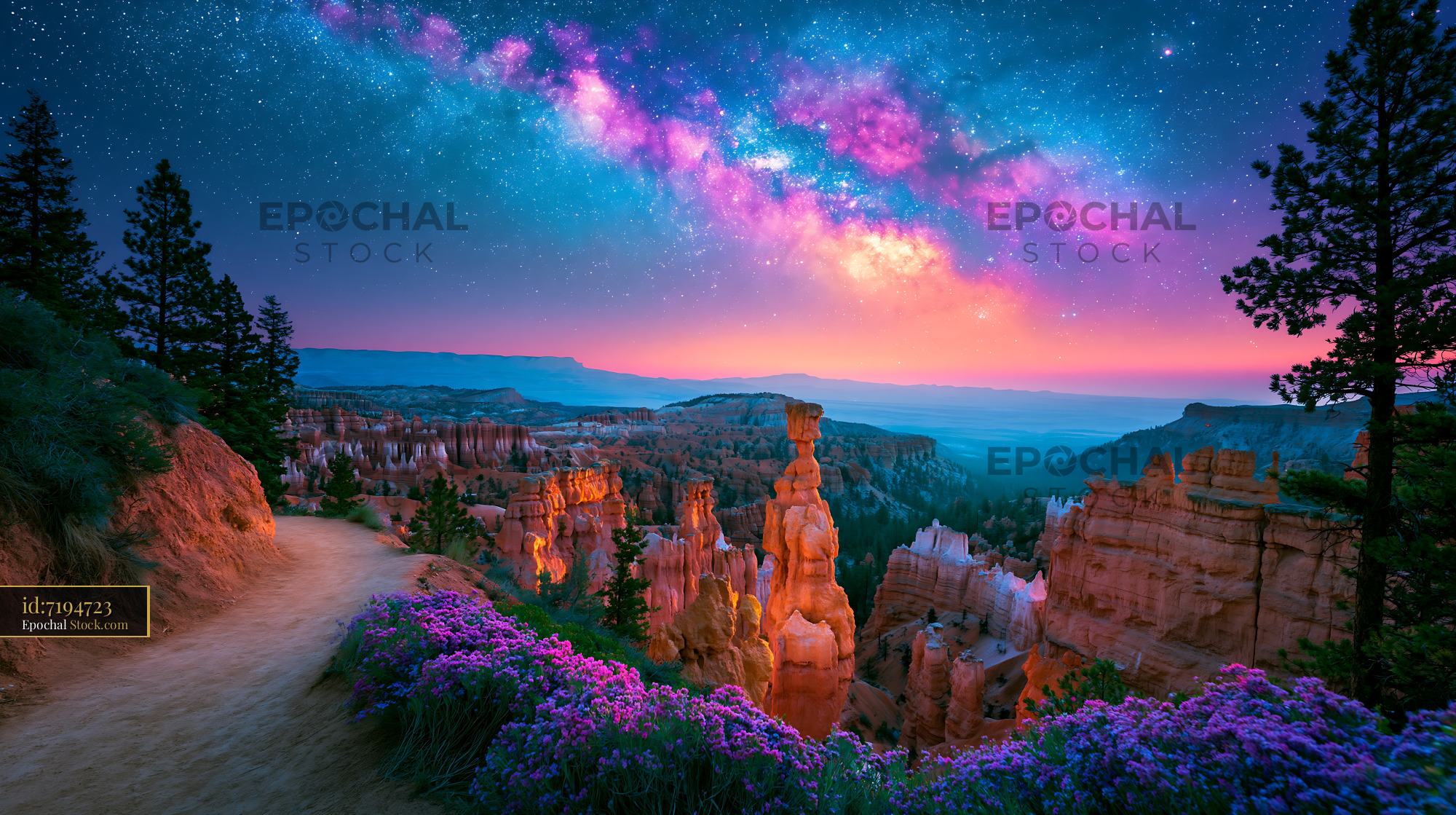 Monument Valley night sky with Milky Way and desert rock formations - stock photo