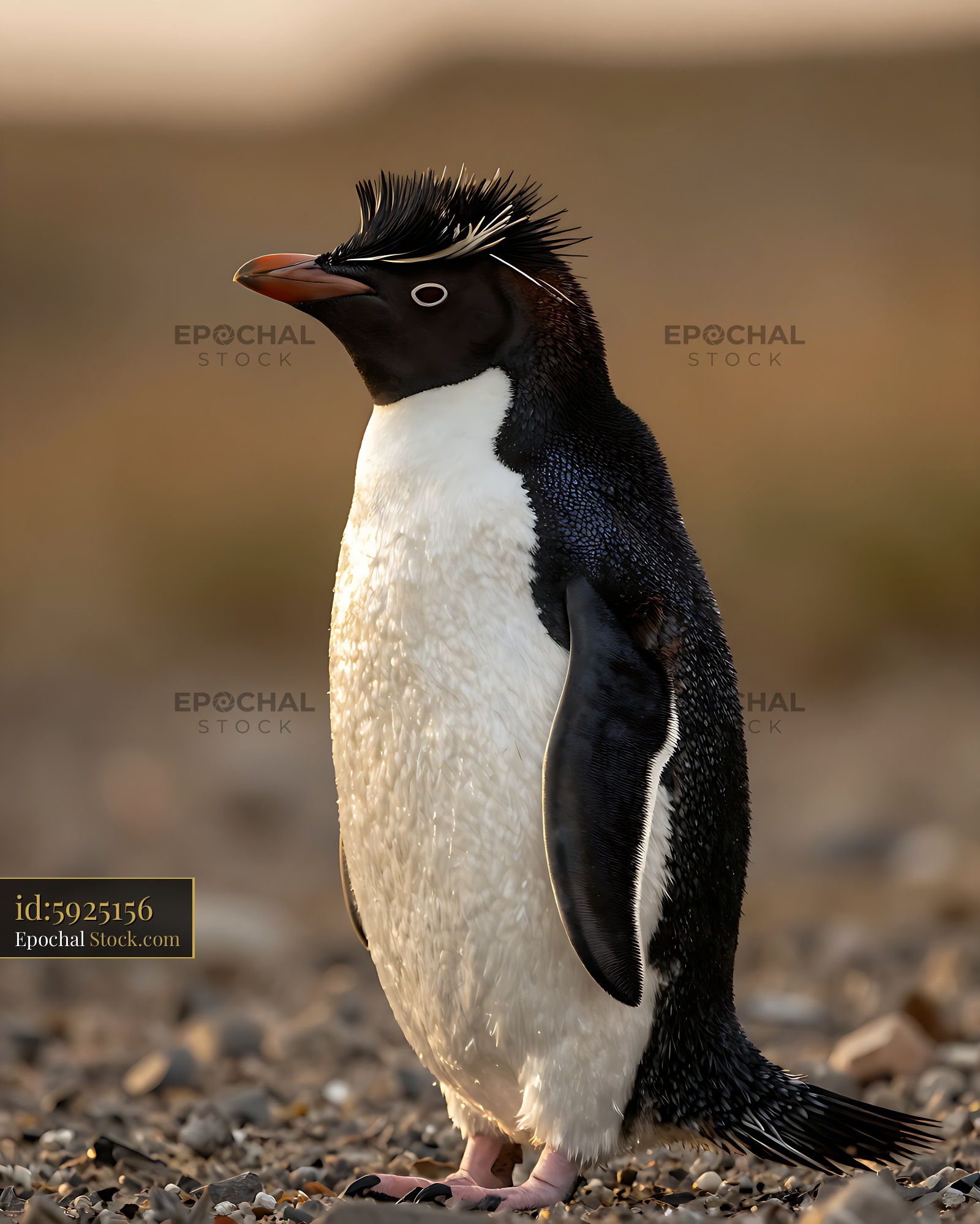 Northern rockhopper penguin standing on a pebbly beach at golden hour - stock photo