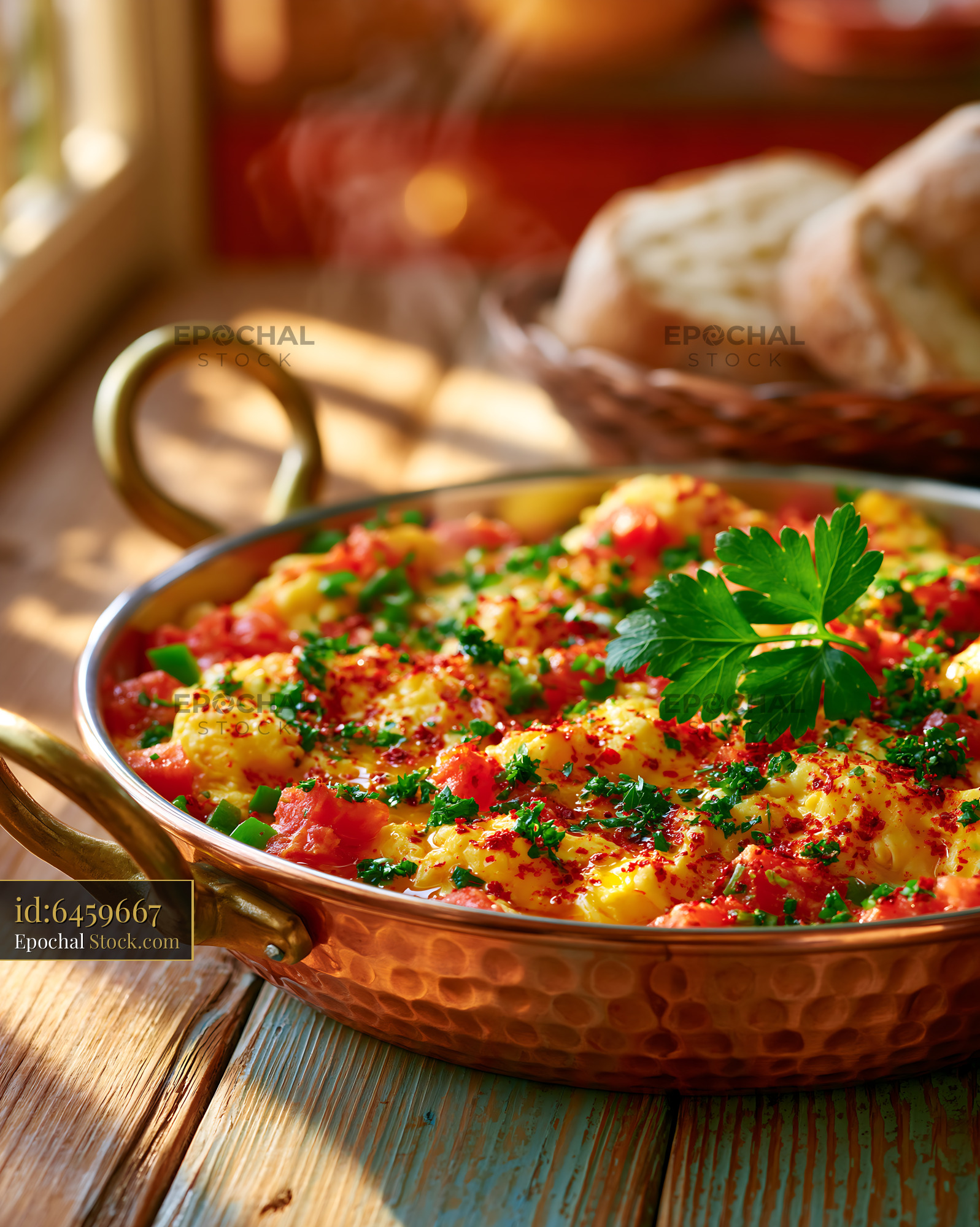 Traditional Turkish menemen egg dish in a copper pan at breakfast - stock photo