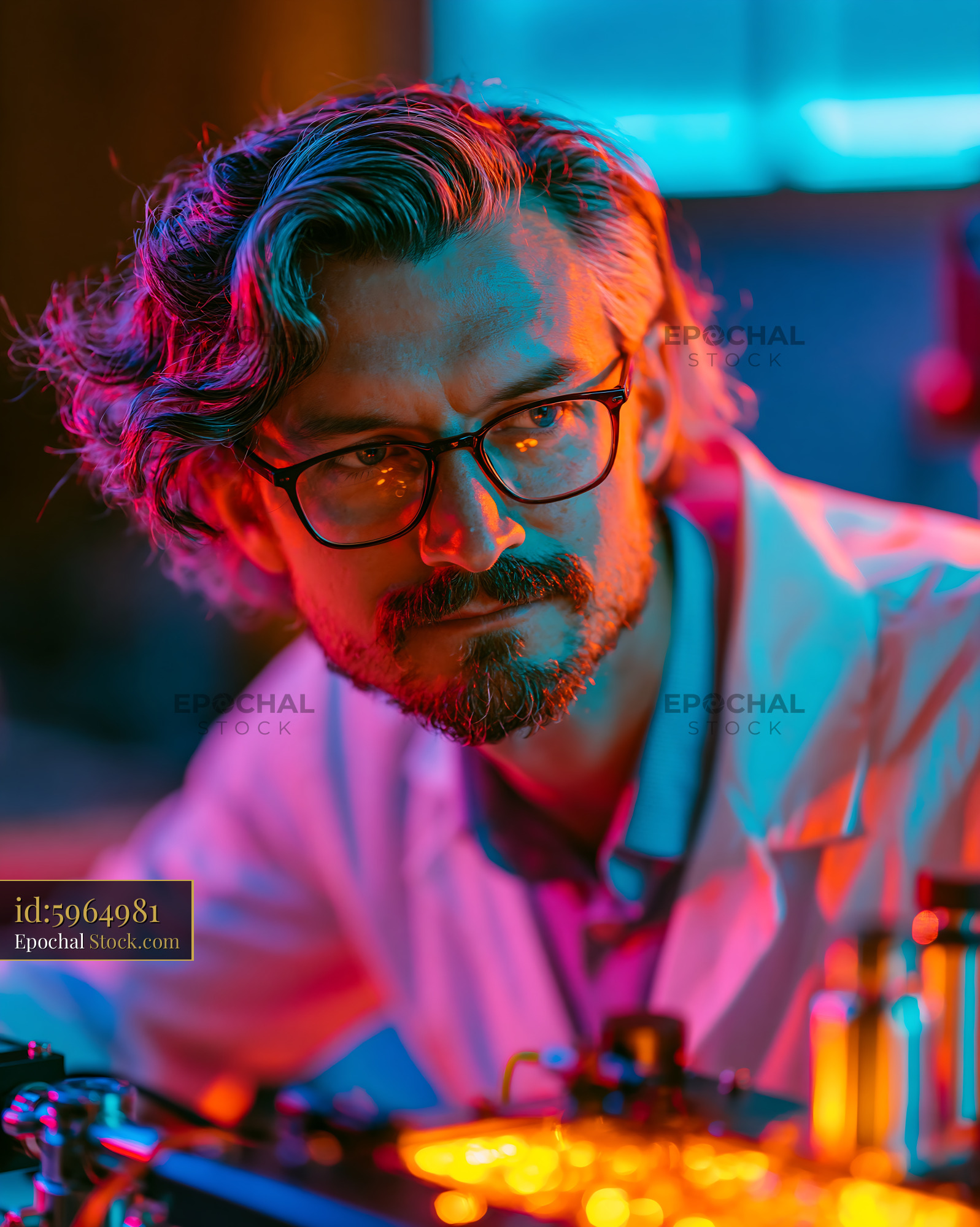 Male scientist researching hollow core photonic crystal fiber raman - stock photo