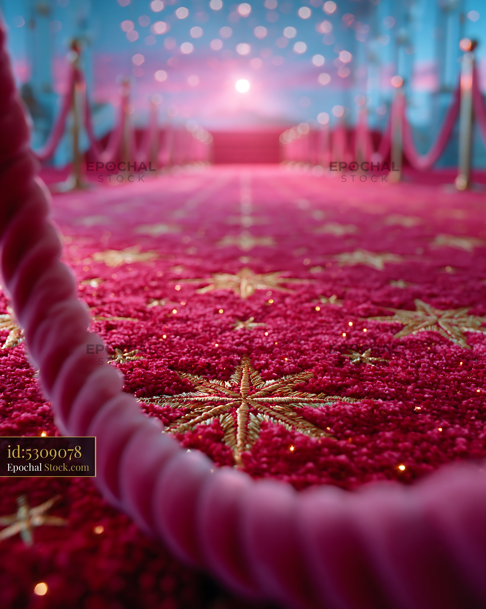 Red carpet with gold stars leading to a bright light at sunset - stock photo