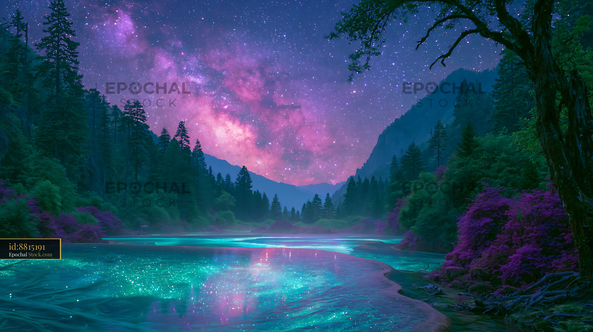 Magical milky way over glowing river in Huangshan mountains at night - stock photo