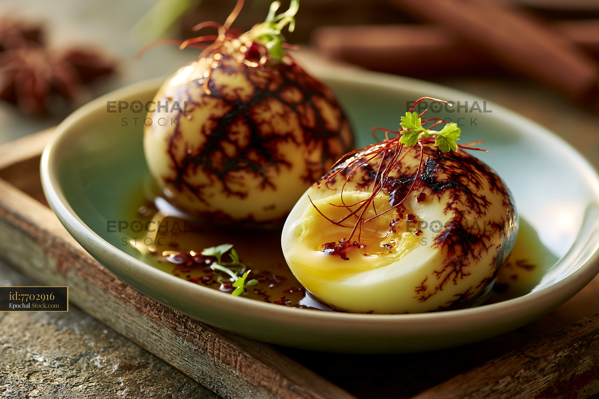 Marbled tea egg food with soft yolk served in a ceramic bowl - stock photo