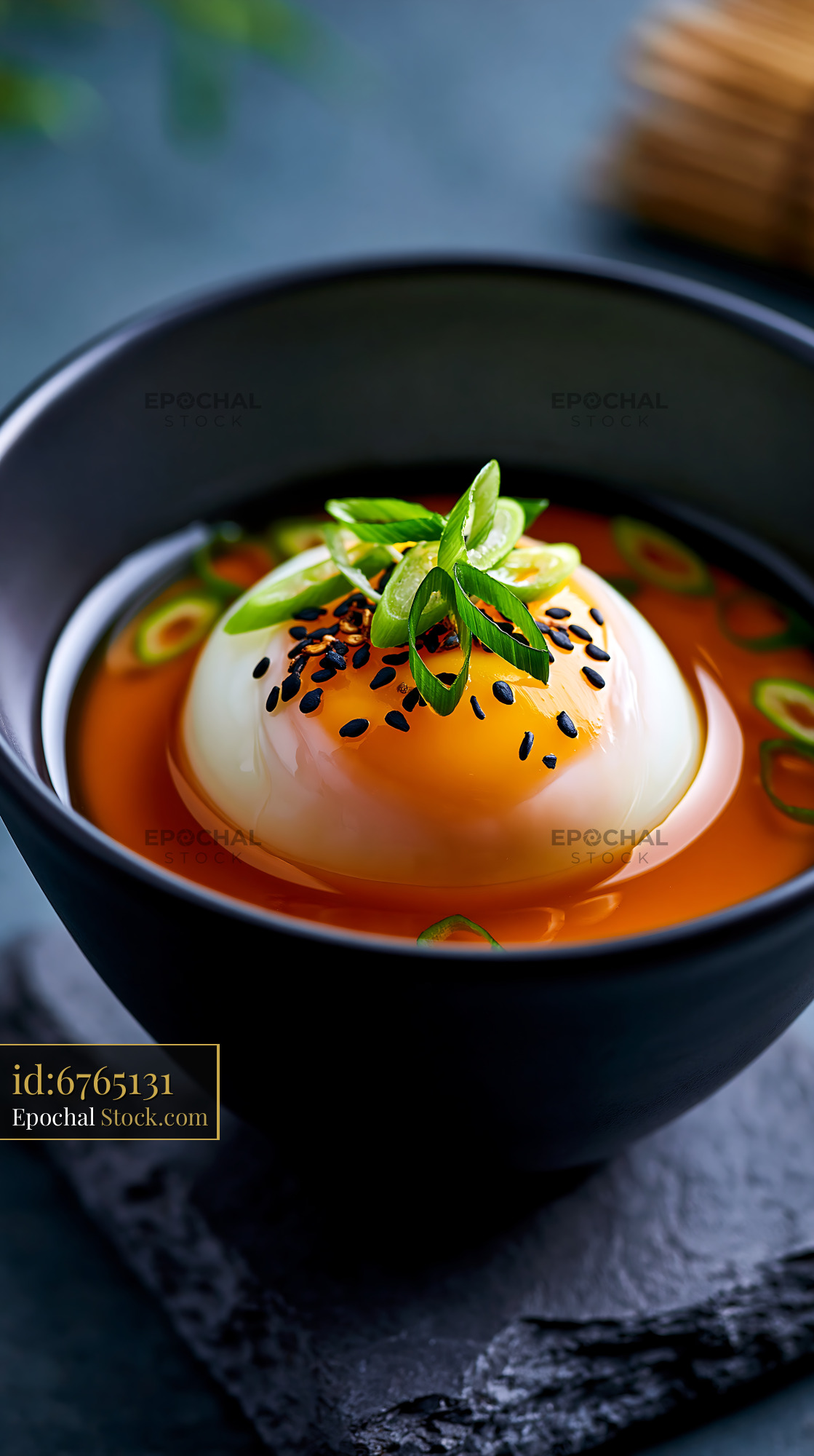 Onsen tamago egg in dashi broth with scallions and sesame seeds - stock photo