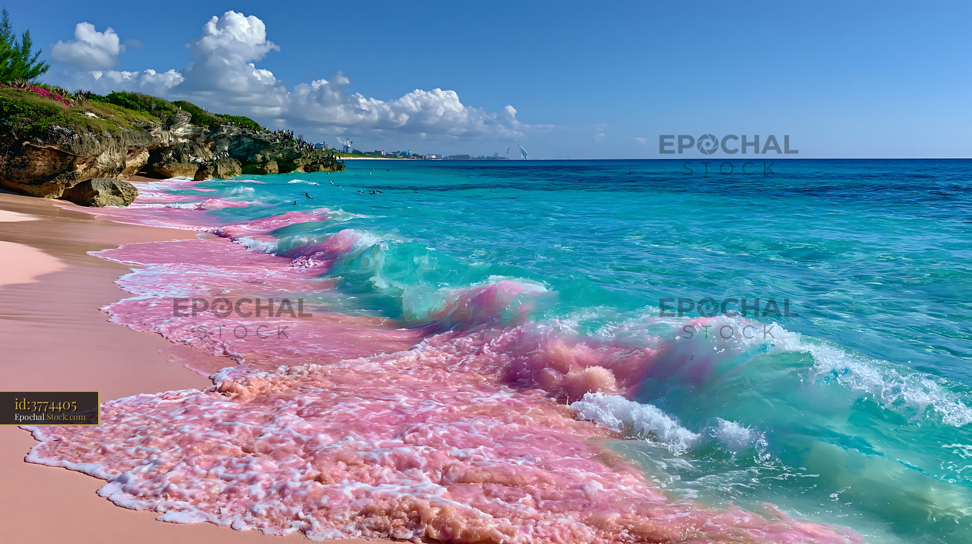 Tropical beach with bahamian pink sand and turquoise ocean waves - stock photo