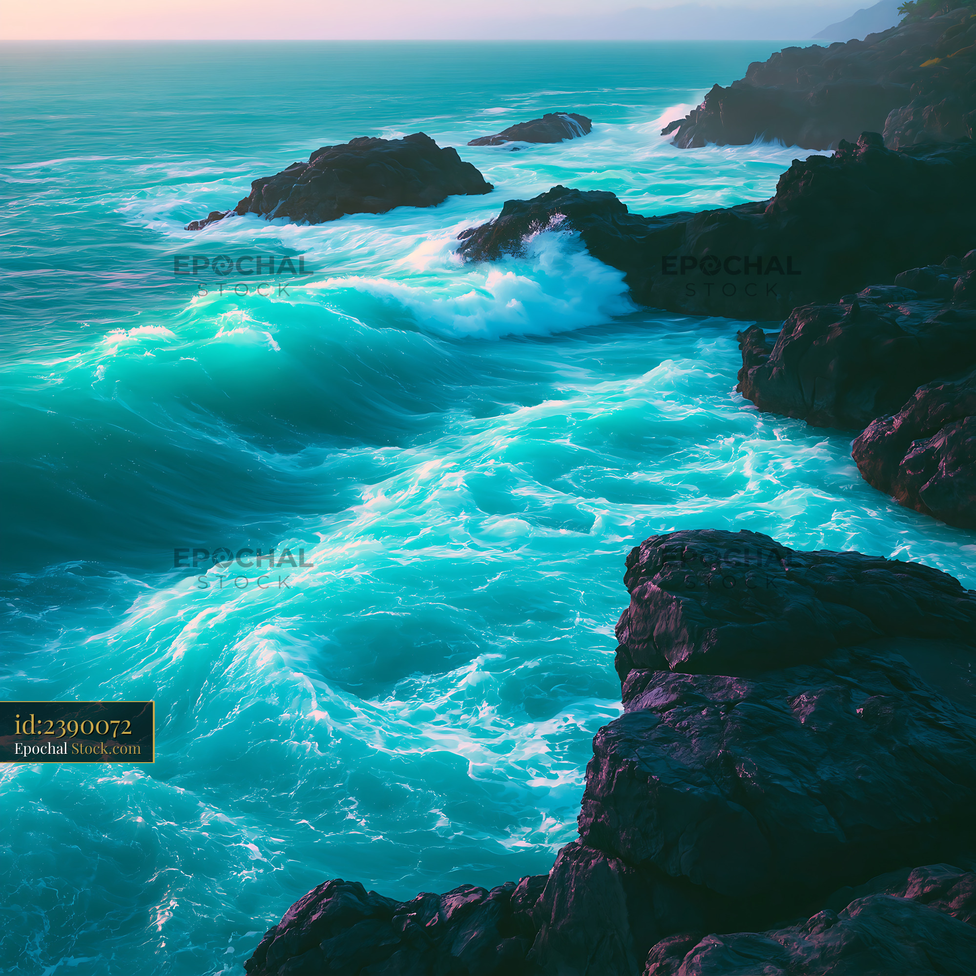 Turquoise ocean waves crashing on dark volcanic rock swirl at sunset - stock photo