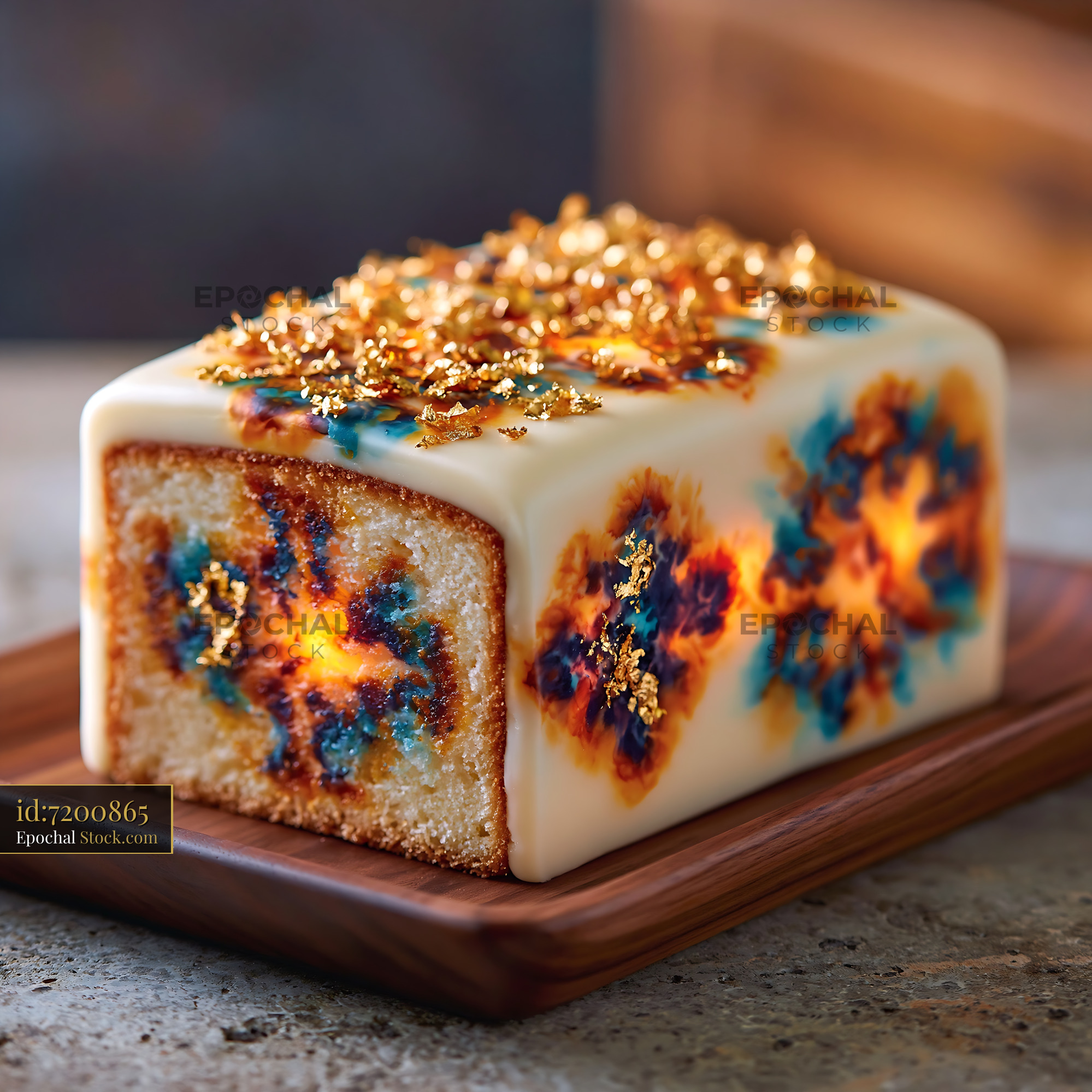 Gourmet loaf cake with colorful tie-dye patterns and gold leaf - stock photo