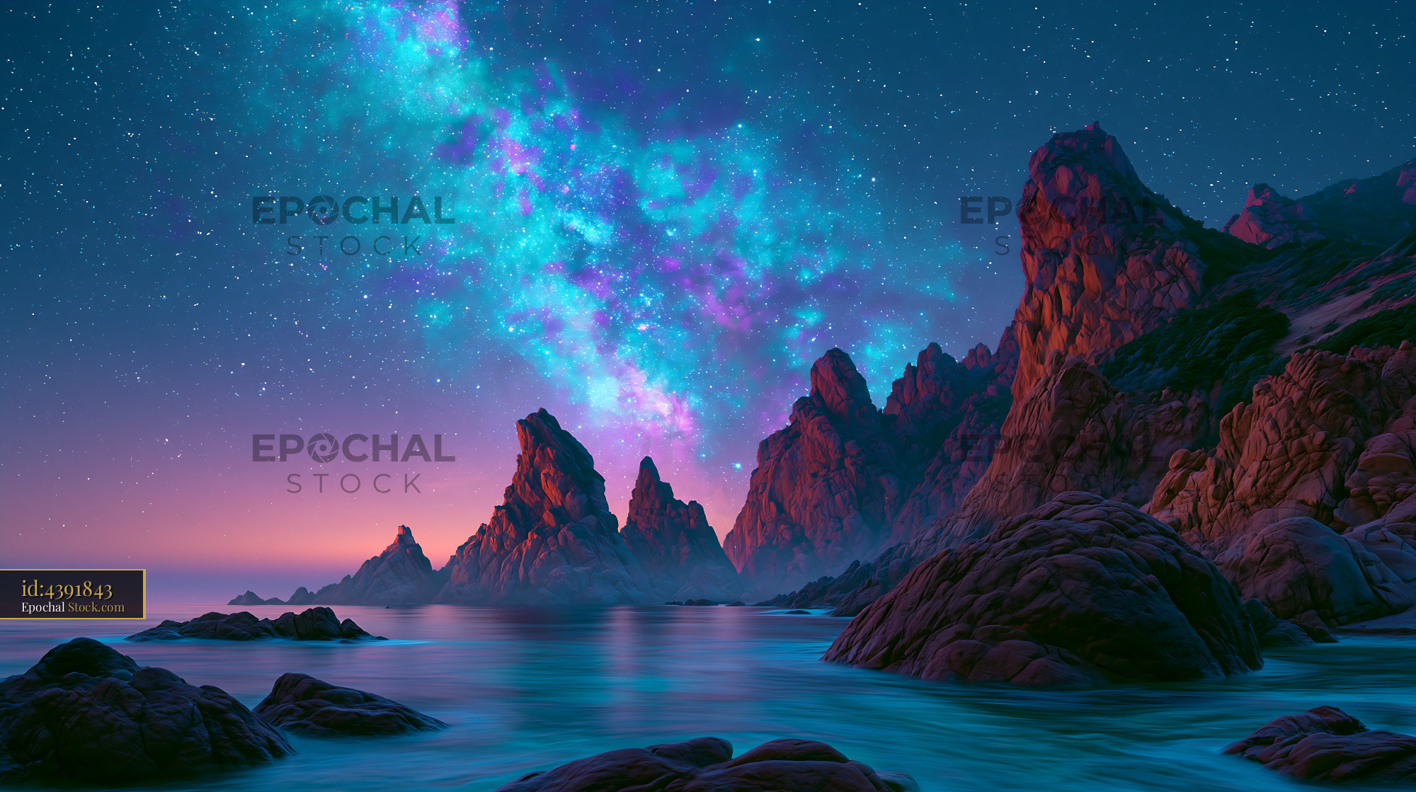 Vibrant milky way galaxy over mediterranean cliffs at night - stock photo