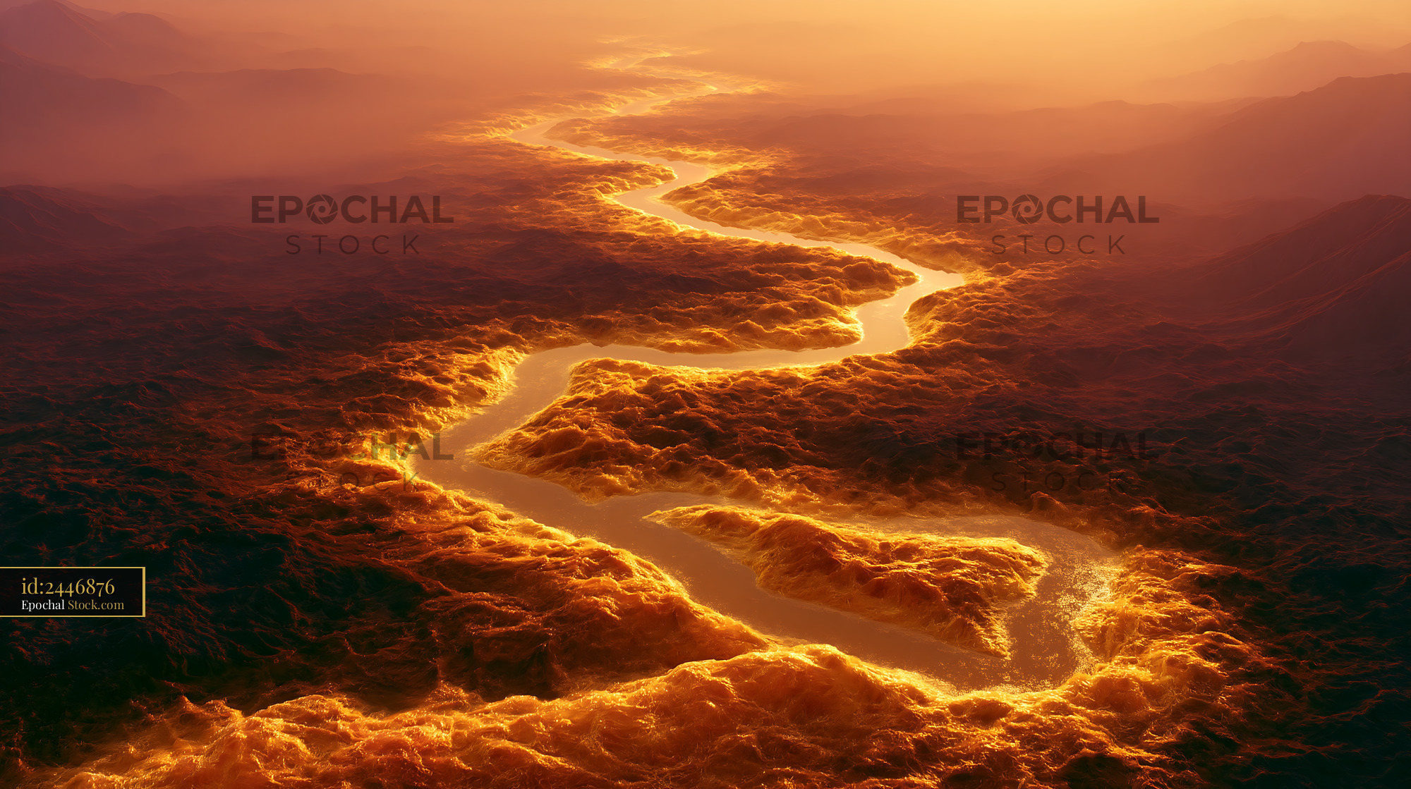 Golden energy river meandering through a dark mountain valley - stock photo