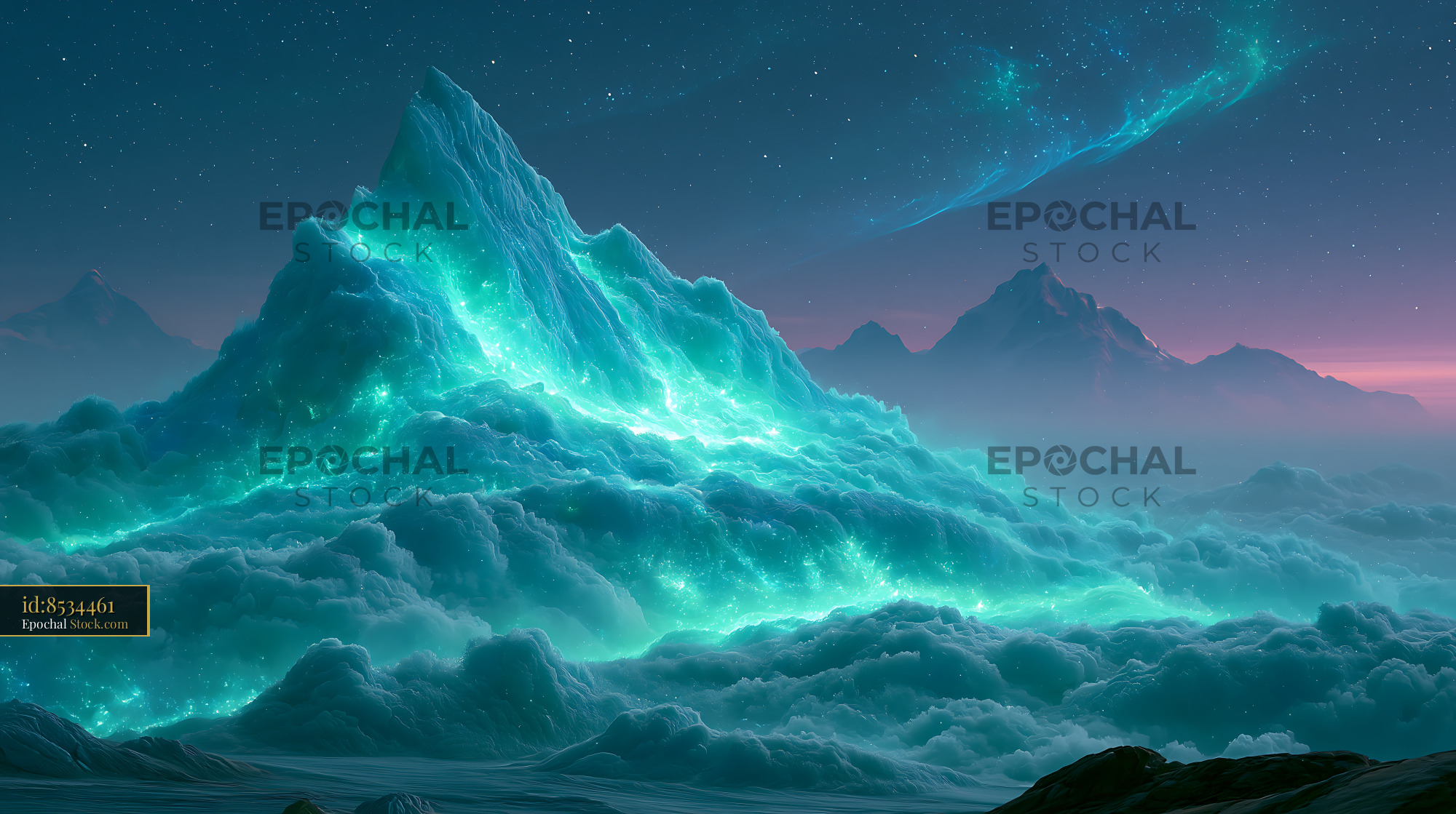 Glowing ice mountain under a starry antarctica night sky - stock photo