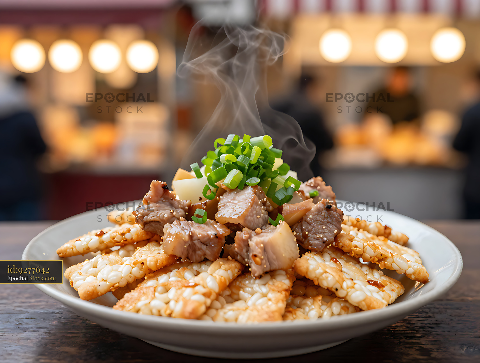 Steaming plate of Aomori Tsugaru Senbei Jiru with savory pork - stock photo