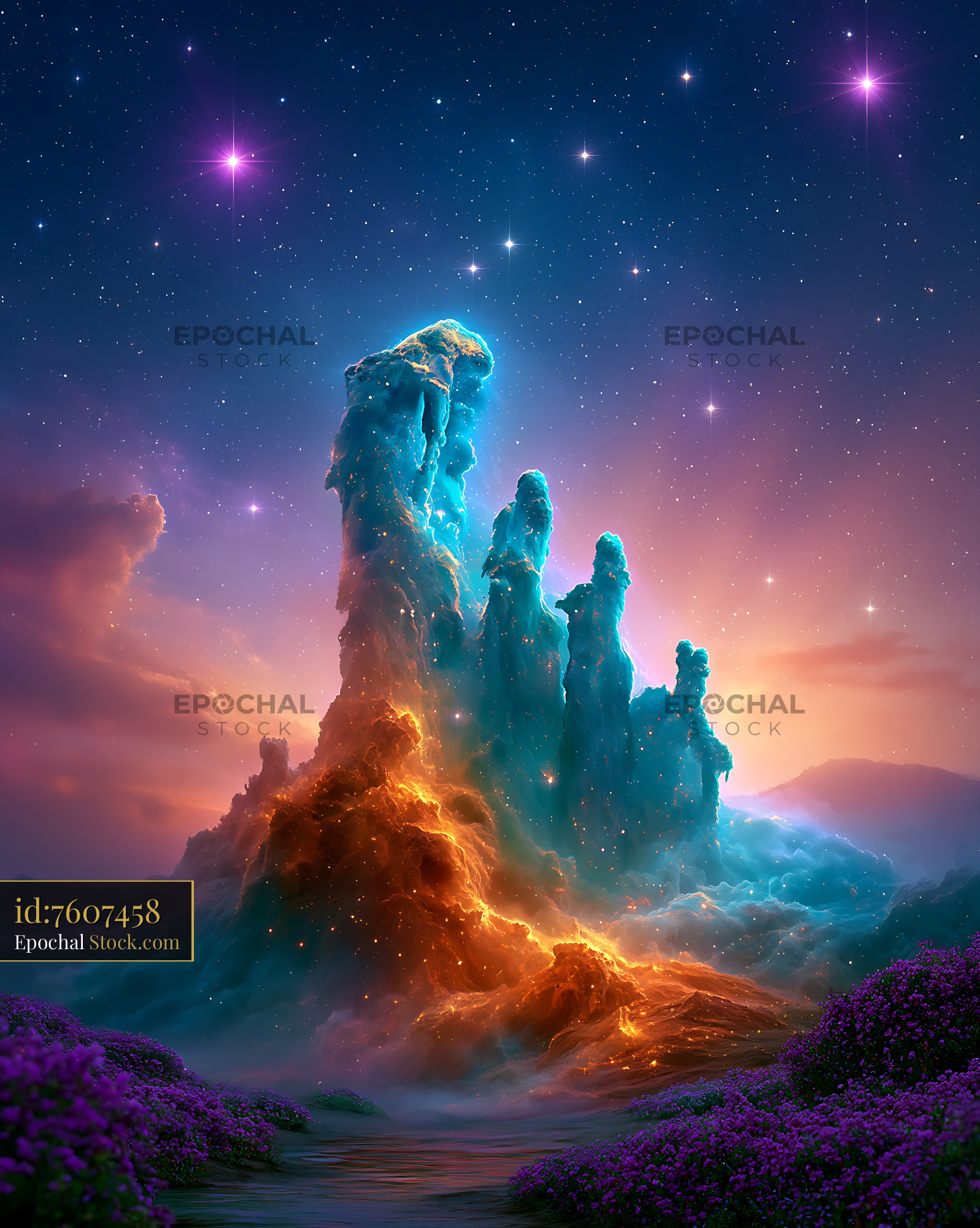Artistic M16 pillars of creation rising above a purple flower field - stock photo