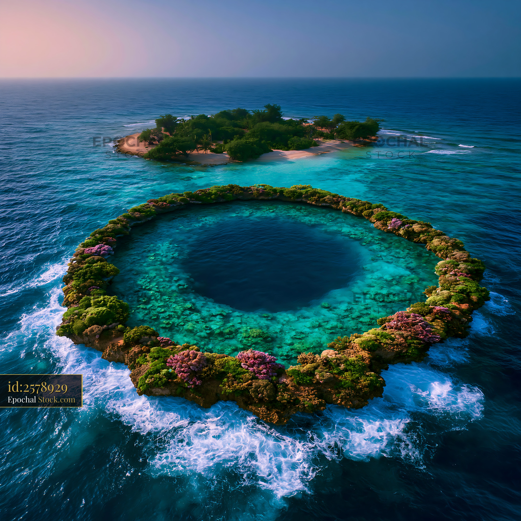 Aerial view of a circular atoll reef ring in a turquoise ocean - stock photo