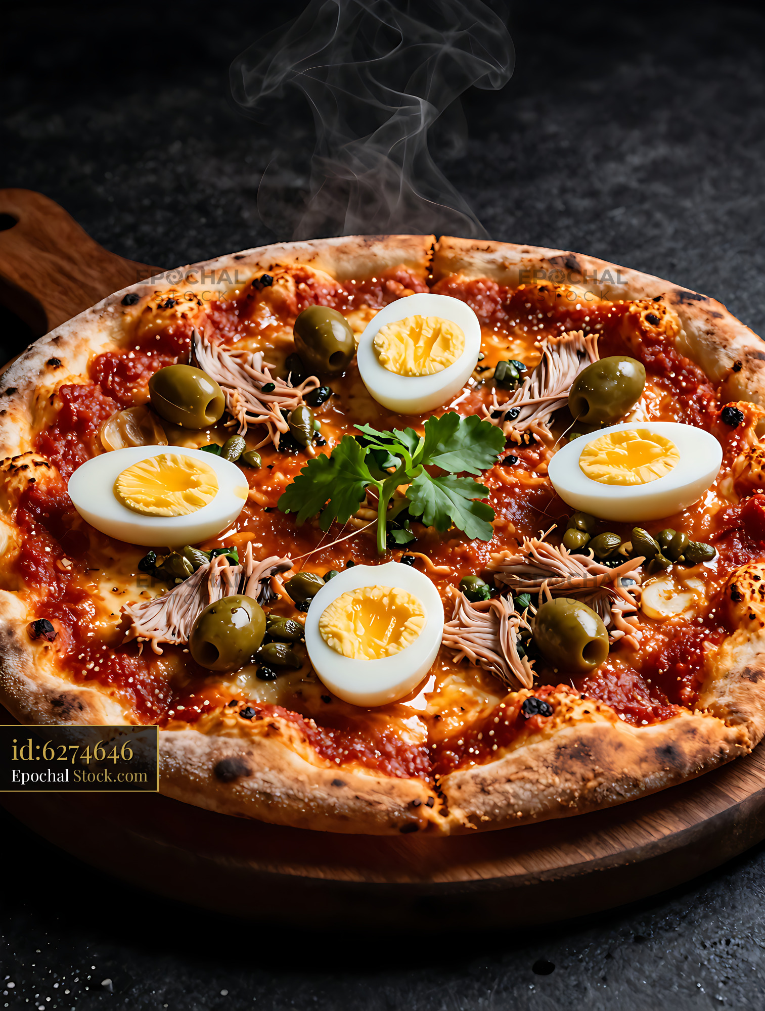 Tunisian pizza with eggs tuna olives and harissa on wooden board - stock photo