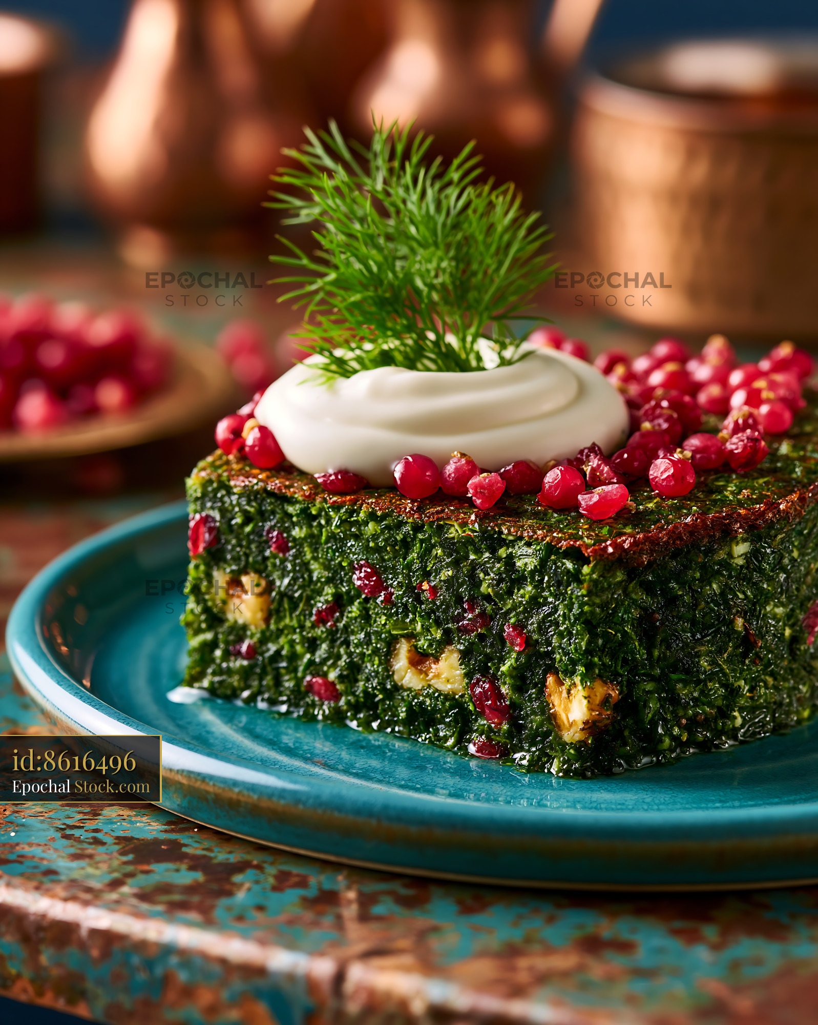 Traditional Persian kuku sabzi egg food with yogurt and barberries - stock photo