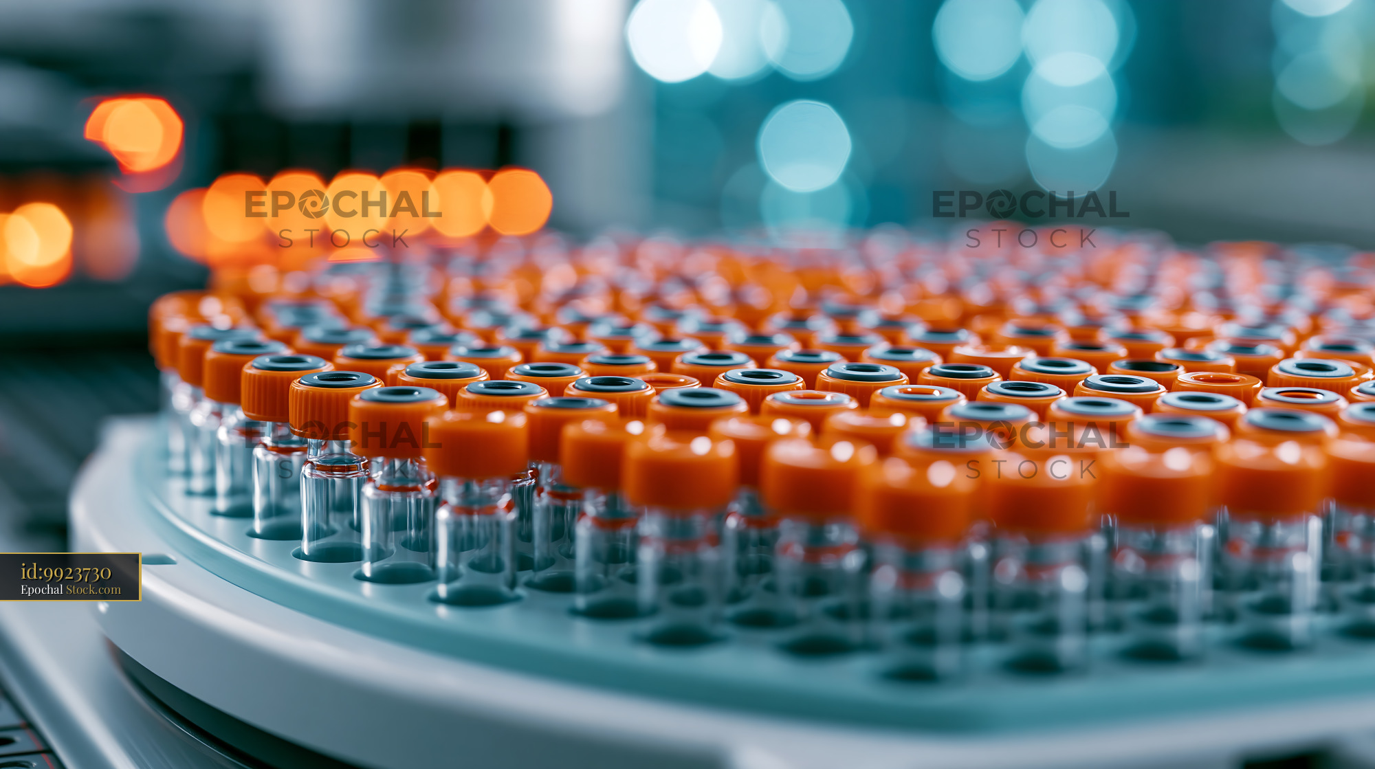 Laboratory vials in a circular rack for pharmaceutical analysis - stock photo