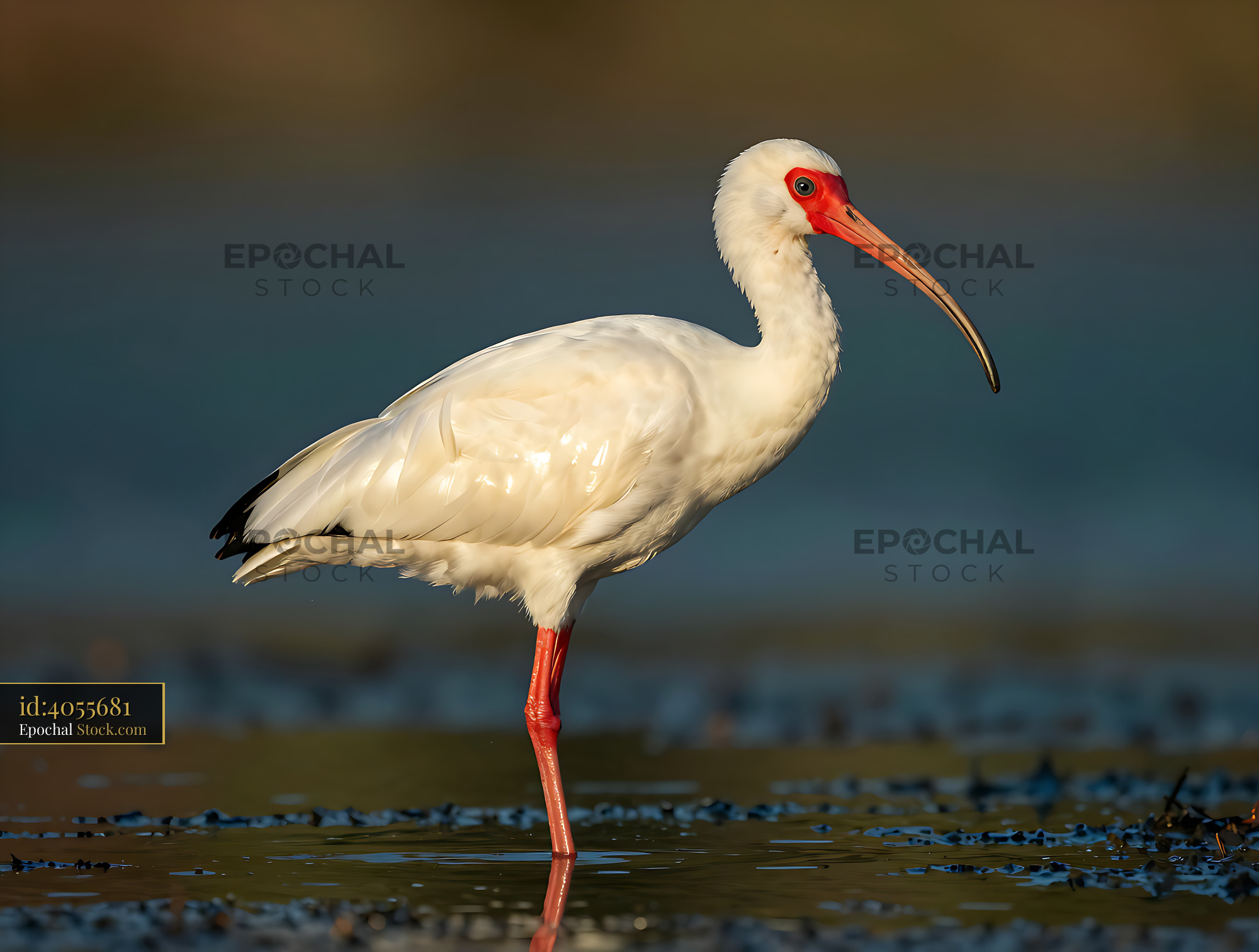 American White Ibis standing in shallow water during golden hour - stock photo