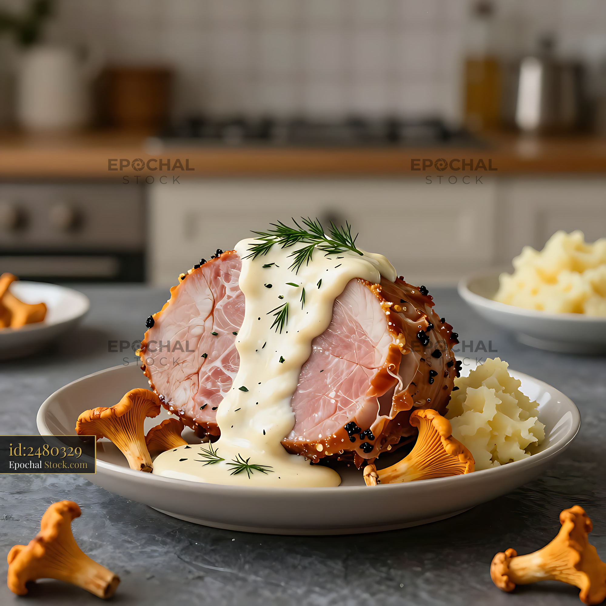 Finnish Christmas ham with creamy chanterelle sauce and mashed potatoe - stock photo