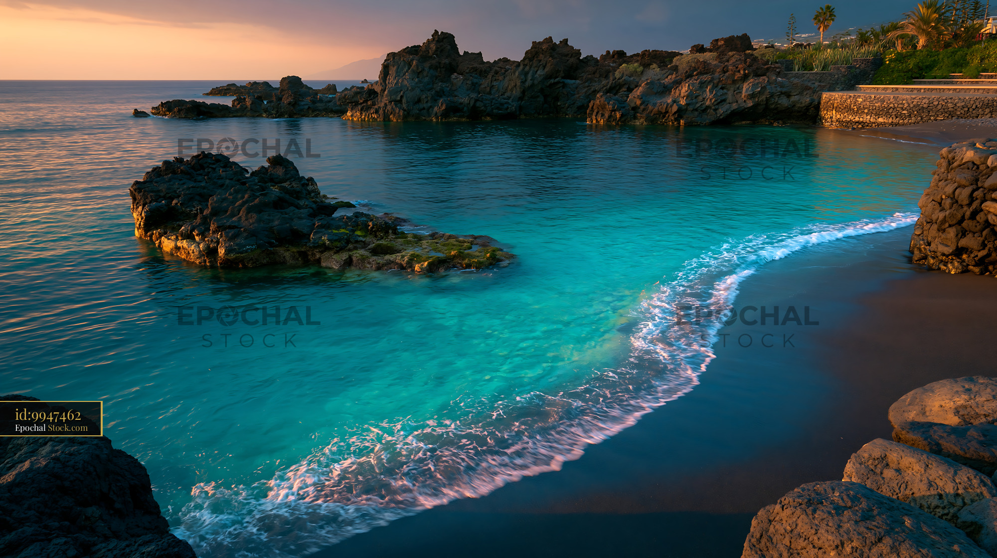 Volcanic coves of Los Cancajos at sunset on La Palma island - stock photo