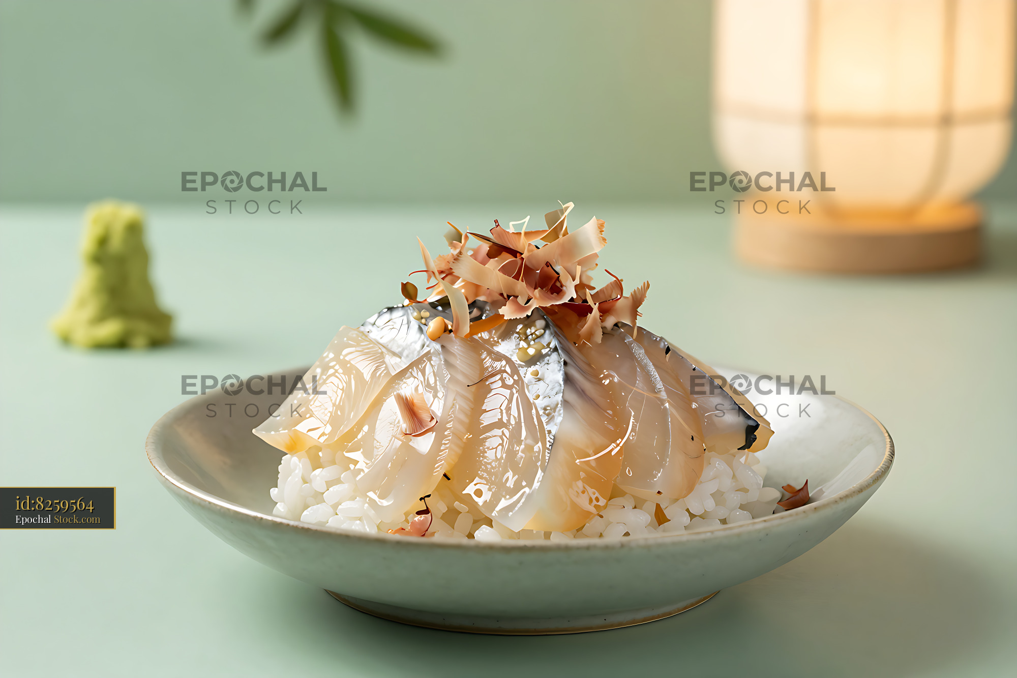 Traditional funazushi fermented fish served on rice with bonito flakes - stock photo