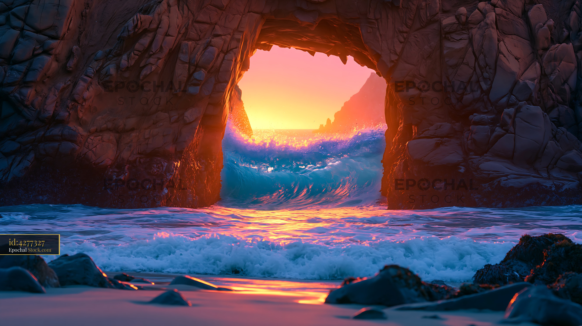 Crashing ocean wave through a natural sea arch at sunset - stock photo
