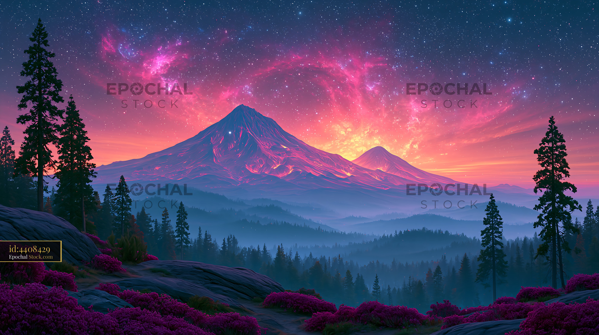Vibrant dutch tulip night landscape under a purple starry nebula sky - stock photo
