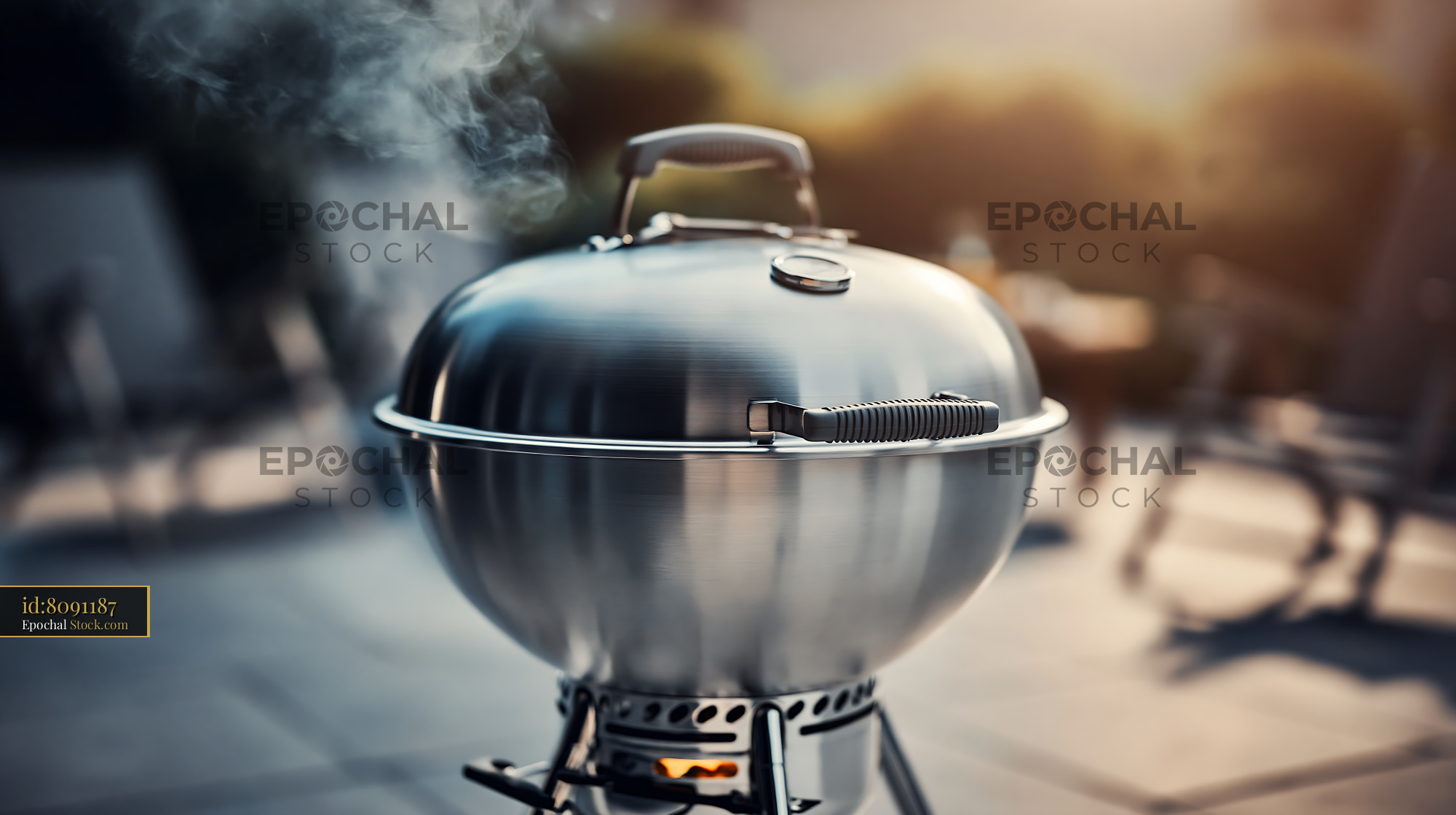 Silver kettle grill with smoke in a sunny garden at sunset - stock photo