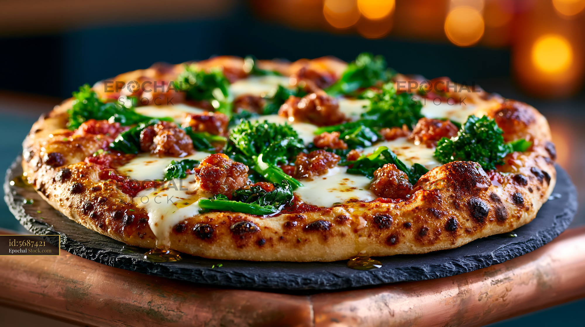 Gourmet friarielli sausage pizza with mozzarella on a copper table - stock photo