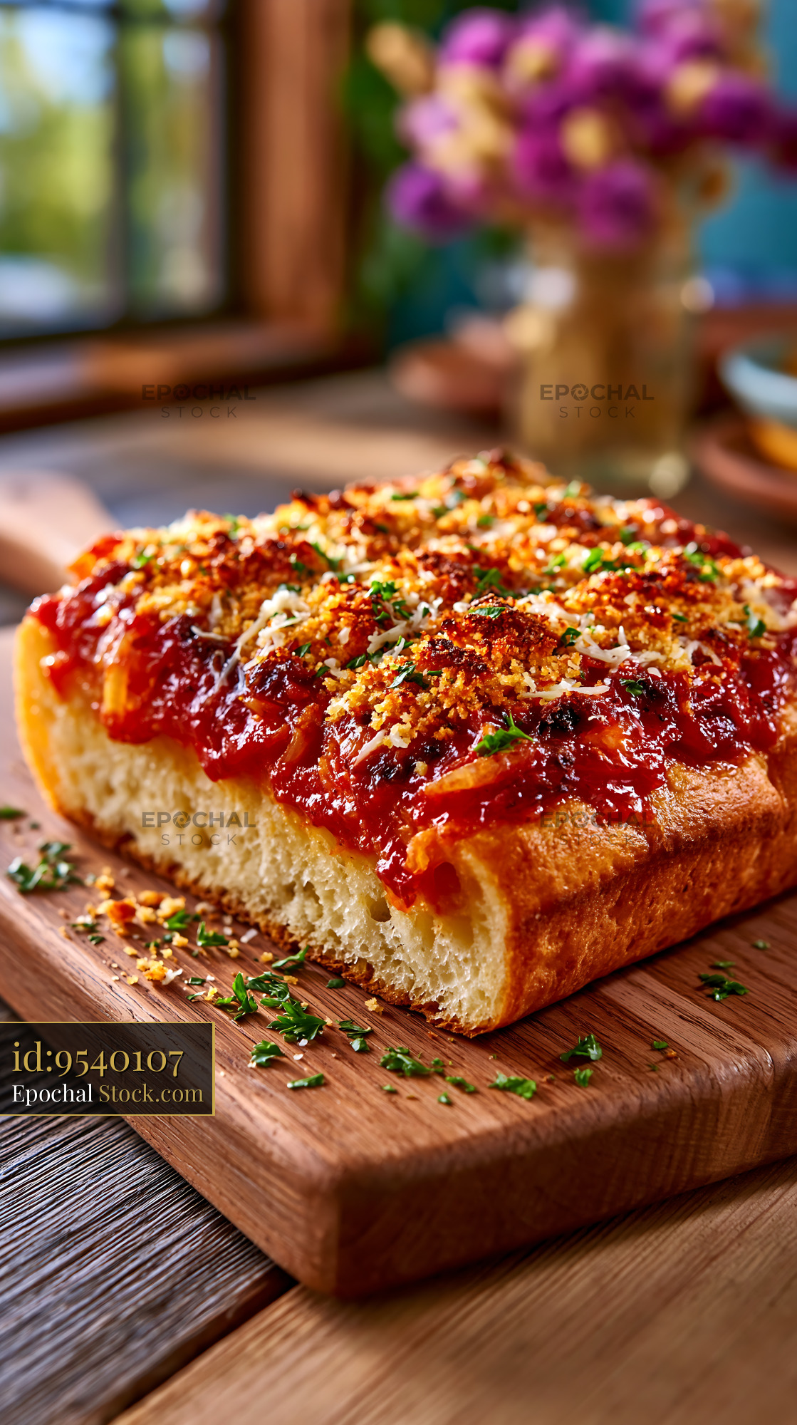 Authentic sfincione pizza with thick crust and rich tomato sauce - stock photo