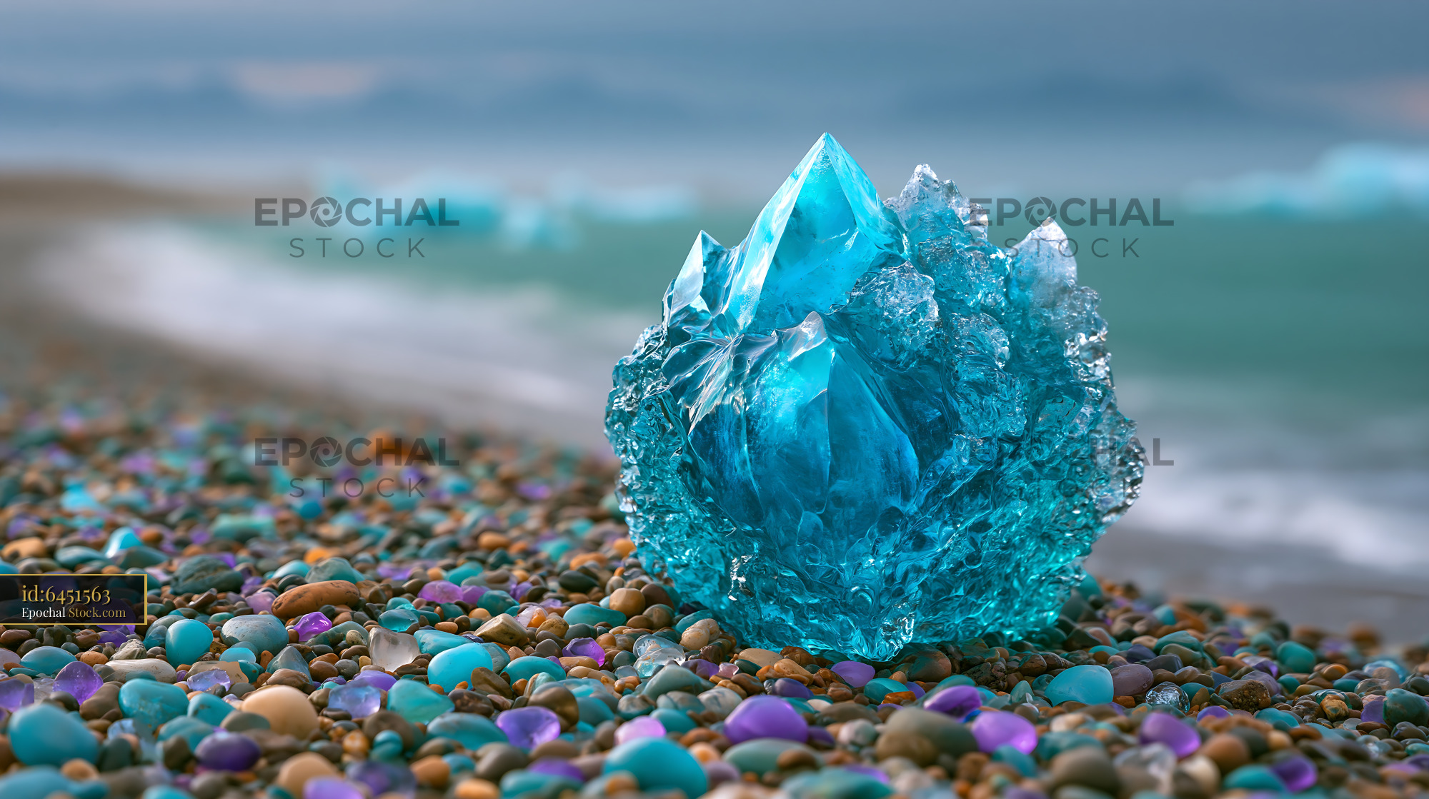 Vibrant blue drifting iceberg fragment resting on colorful pebbles - stock photo