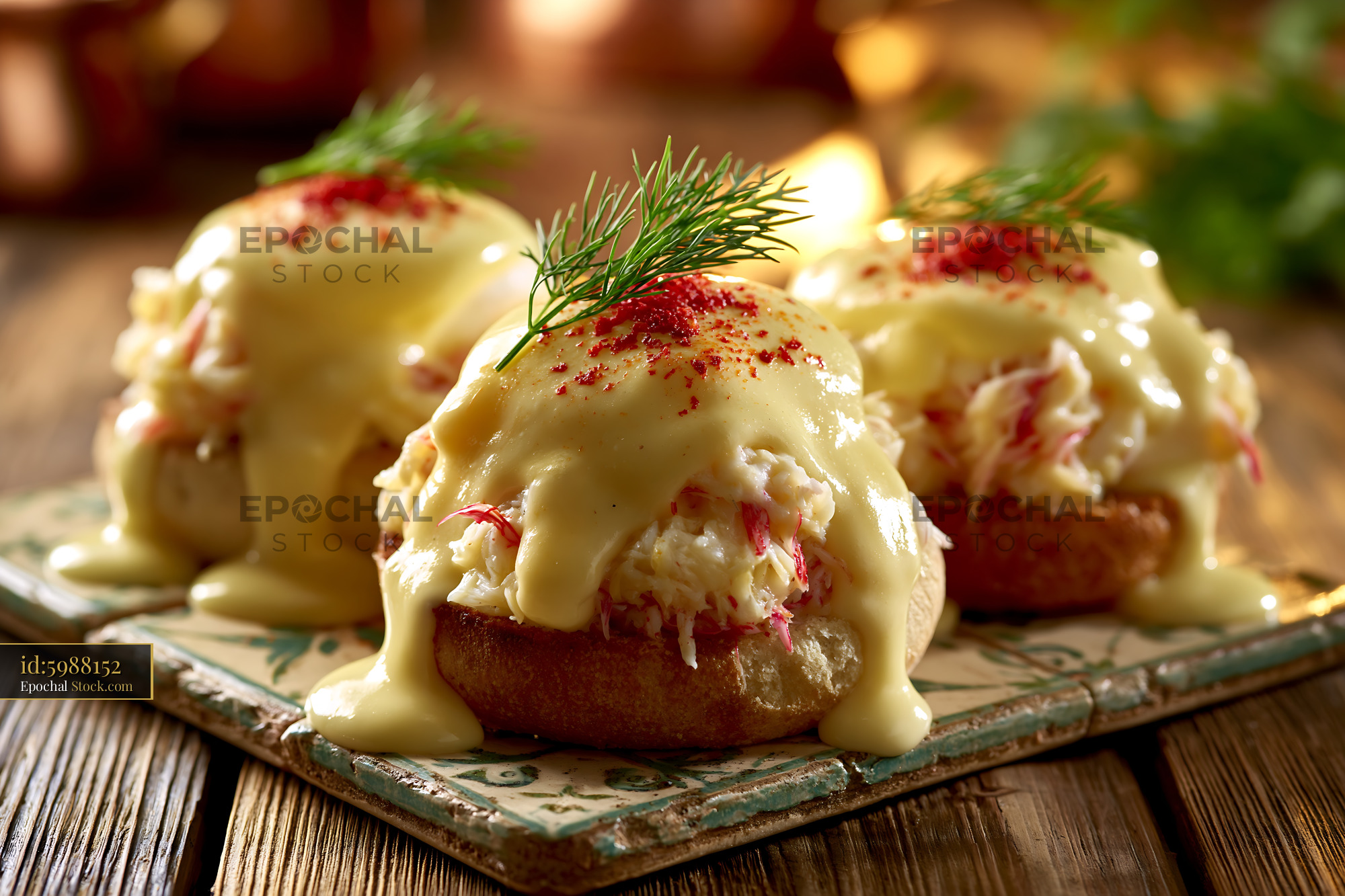 Eggs Neptune with crab meat and hollandaise sauce on a rustic table - stock photo