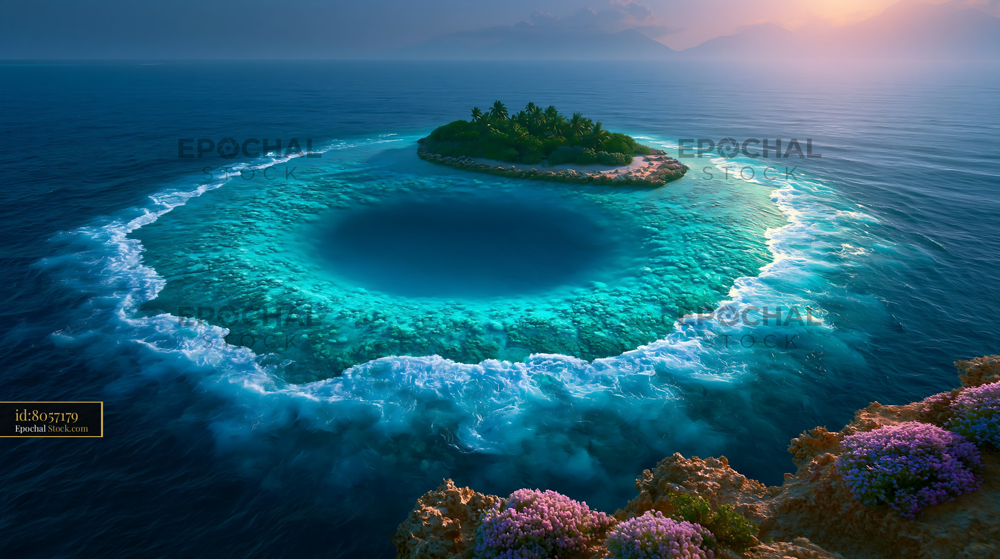 Aerial view of a tropical atoll with a circular blue hole at sunset - stock photo