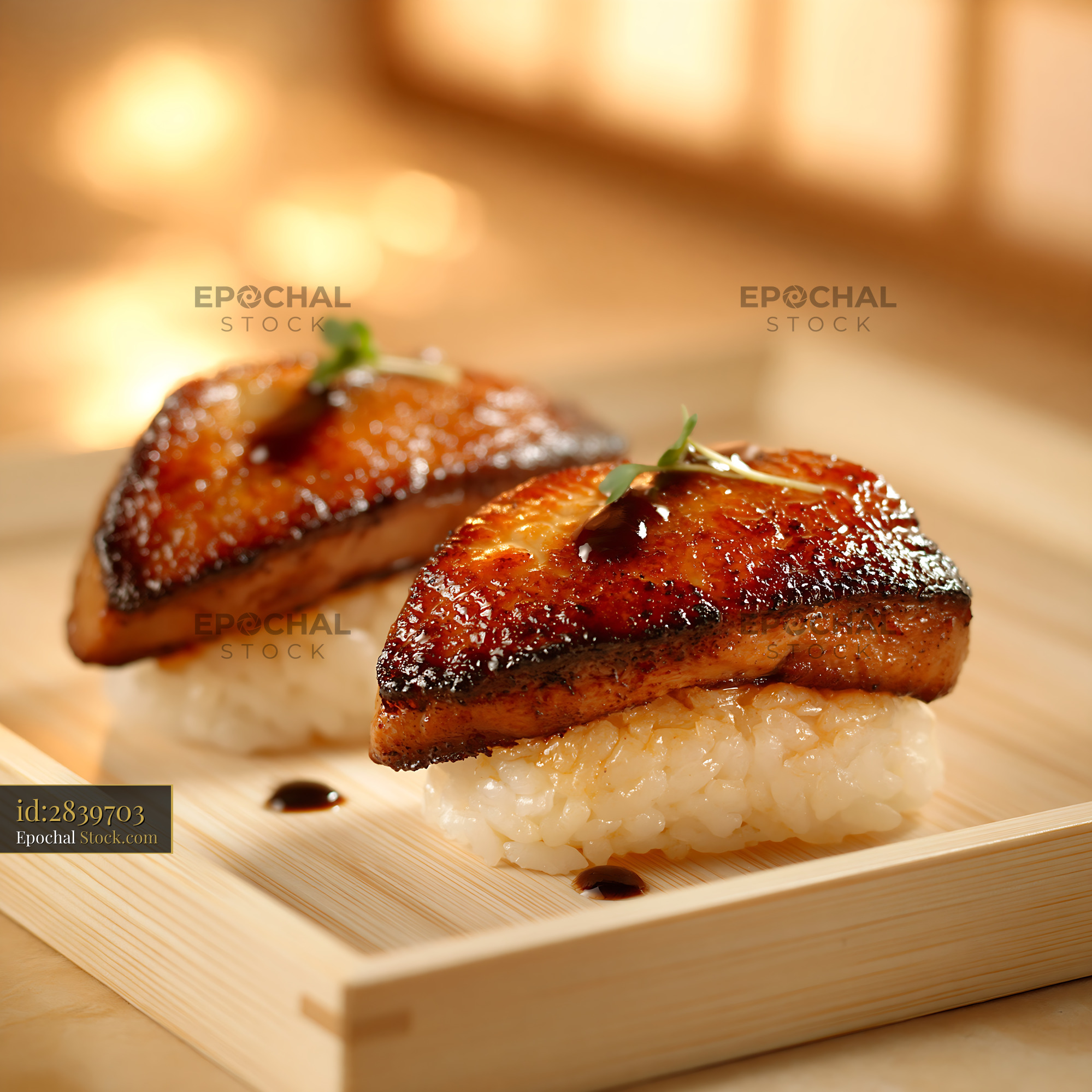 Seared foie gras nigiri sushi on a wooden tray in warm light - stock photo