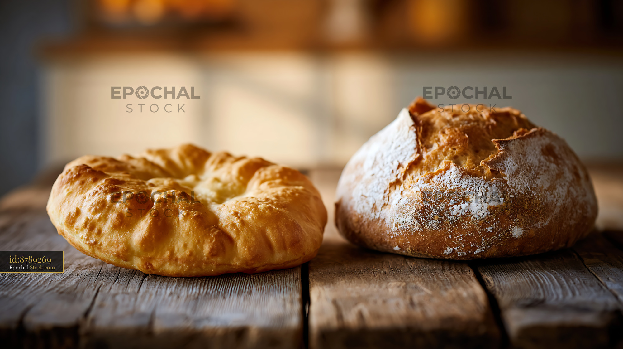 Navajo frybread and German sourdough bread on a rustic wooden table - stock photo