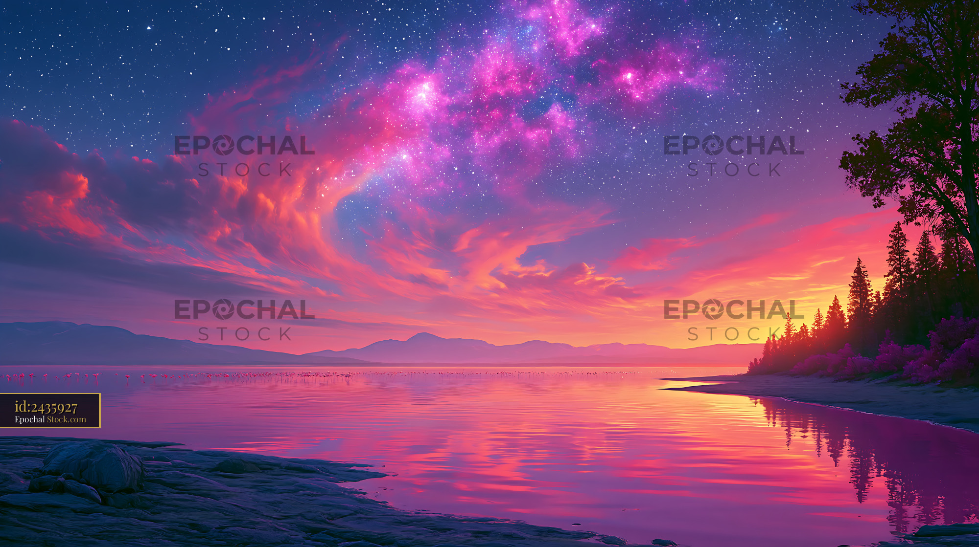 Dreamy aurora milky way over a calm mountain lake with flamingos - stock photo