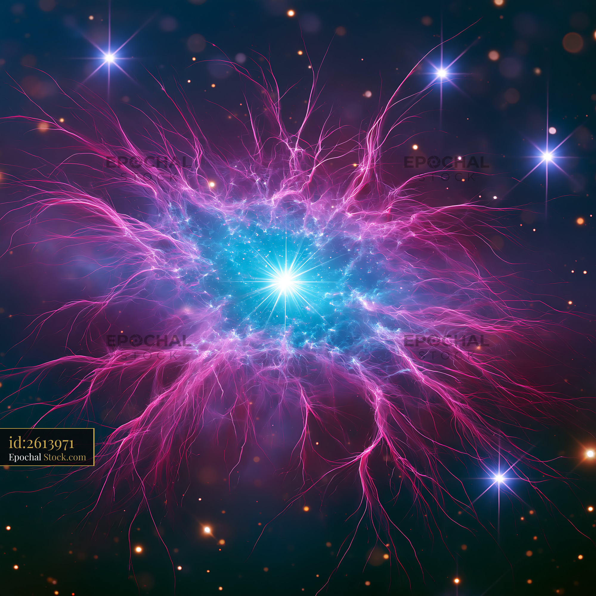 M1 pulsar zoom with glowing pink filaments and central blue star - stock photo