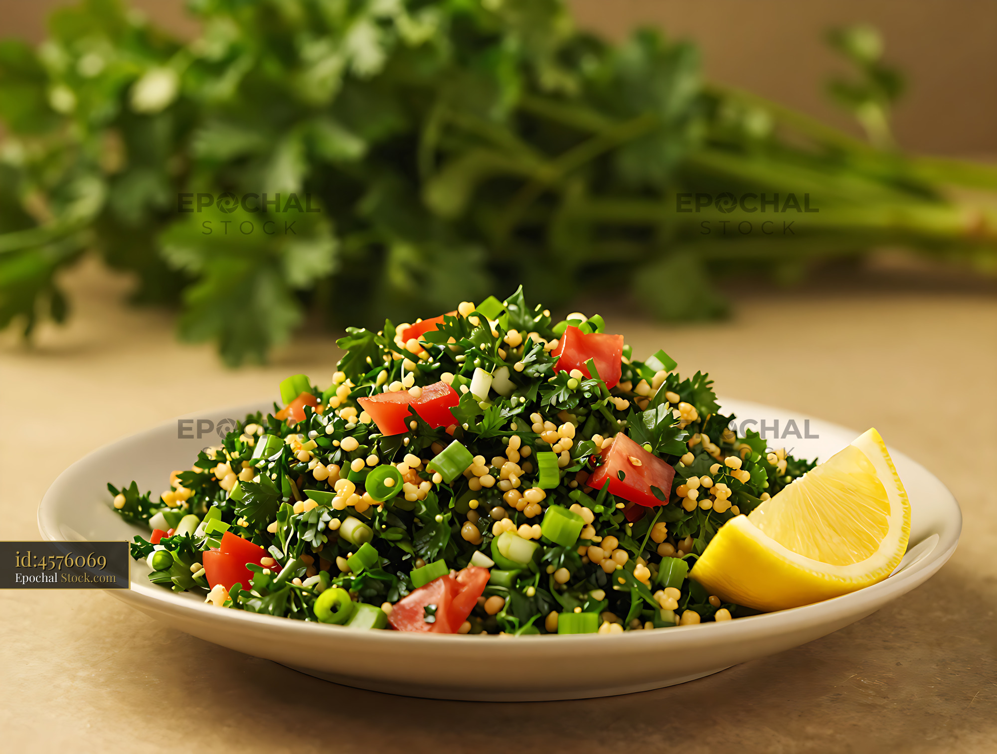 Fresh Syrian Tabbouleh Daraa-style salad with parsley and lemon - stock photo
