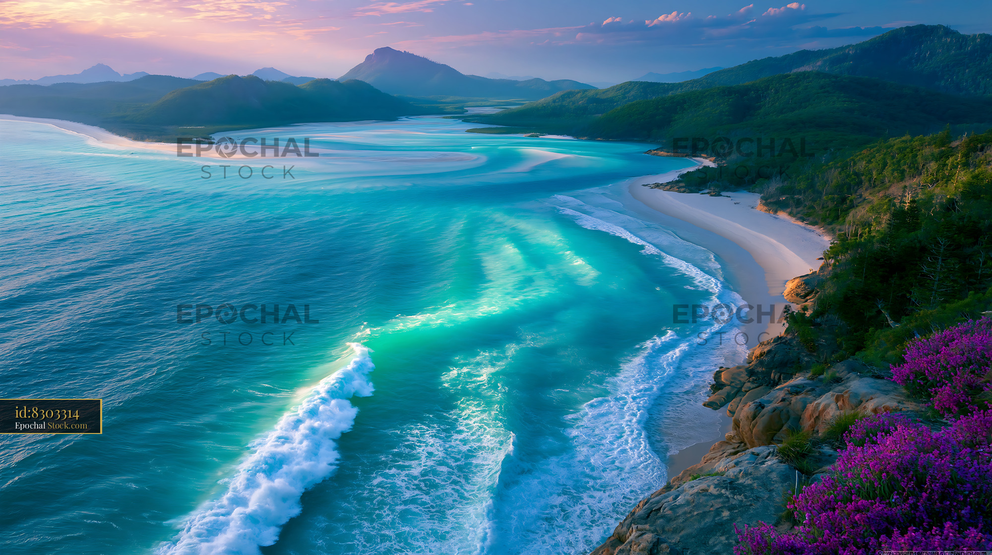 Aerial view of Hill Inlet with turquoise water and white sand swirls - stock photo