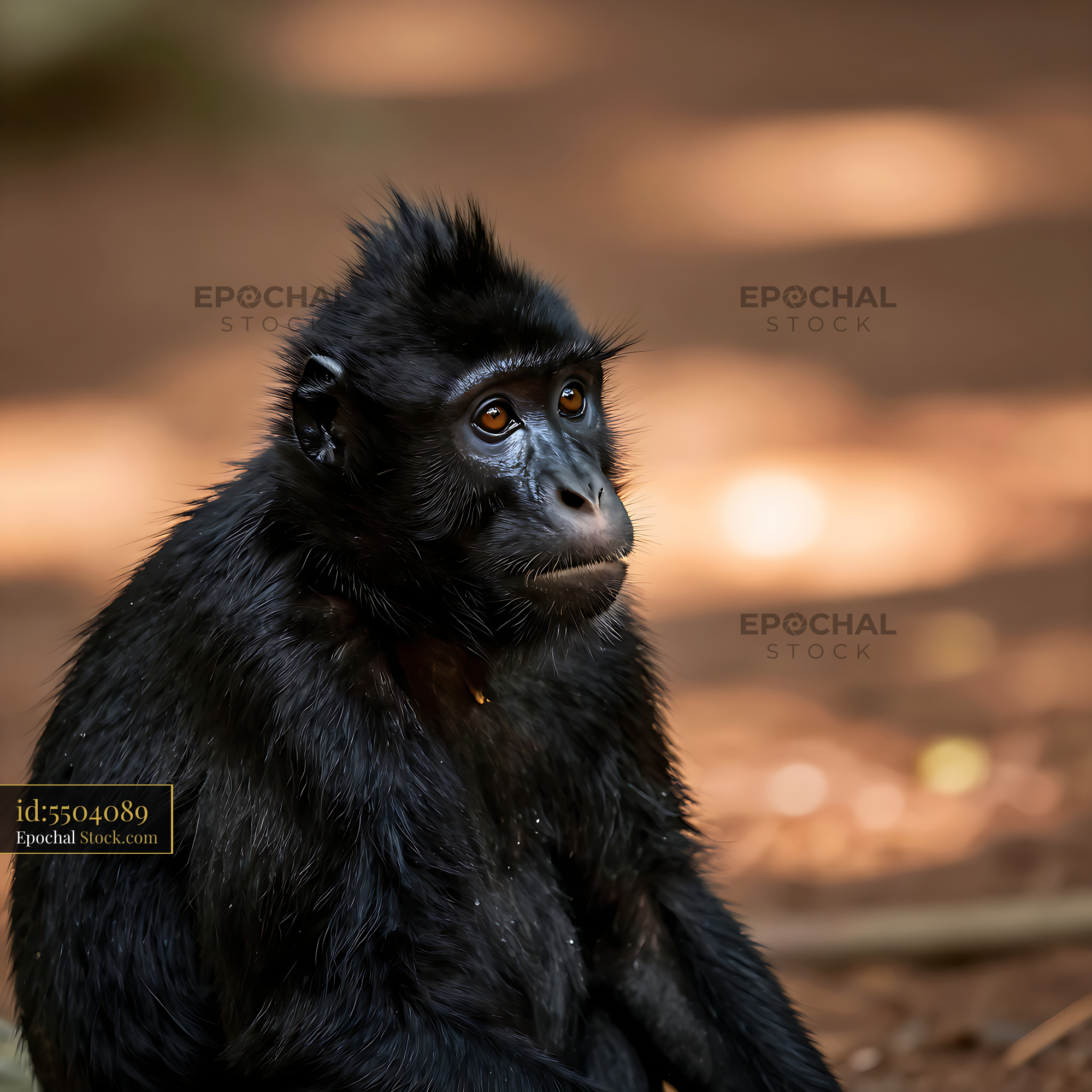 Black crested macaque with expressive eyes sitting in a forest - stock photo