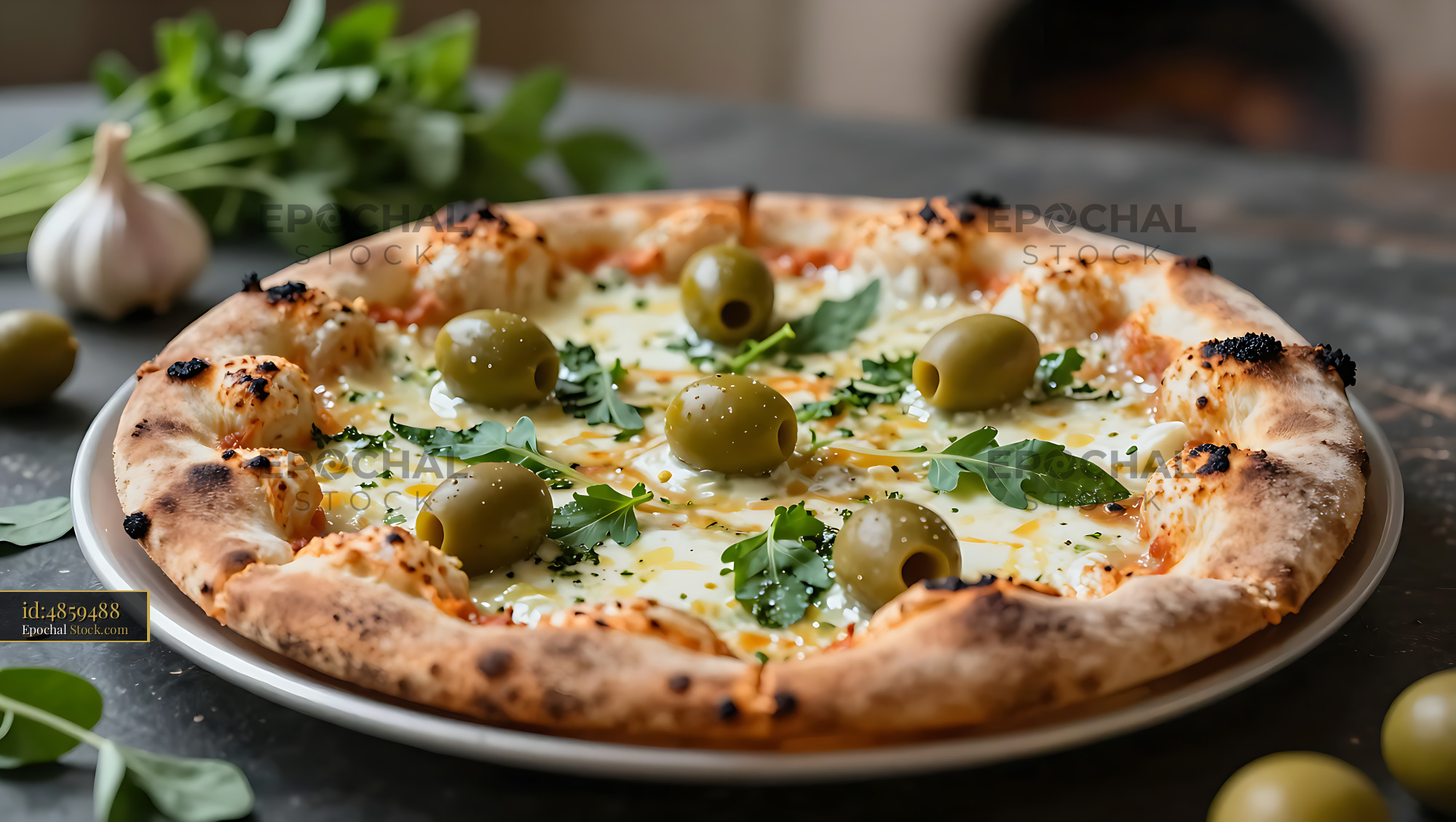 Argentine pizza a la piedra with green olives and arugula - stock photo