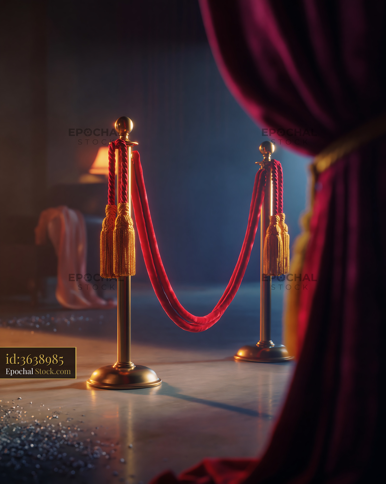 Red velvet rope barrier and gold stanchions at a premiere event - stock photo