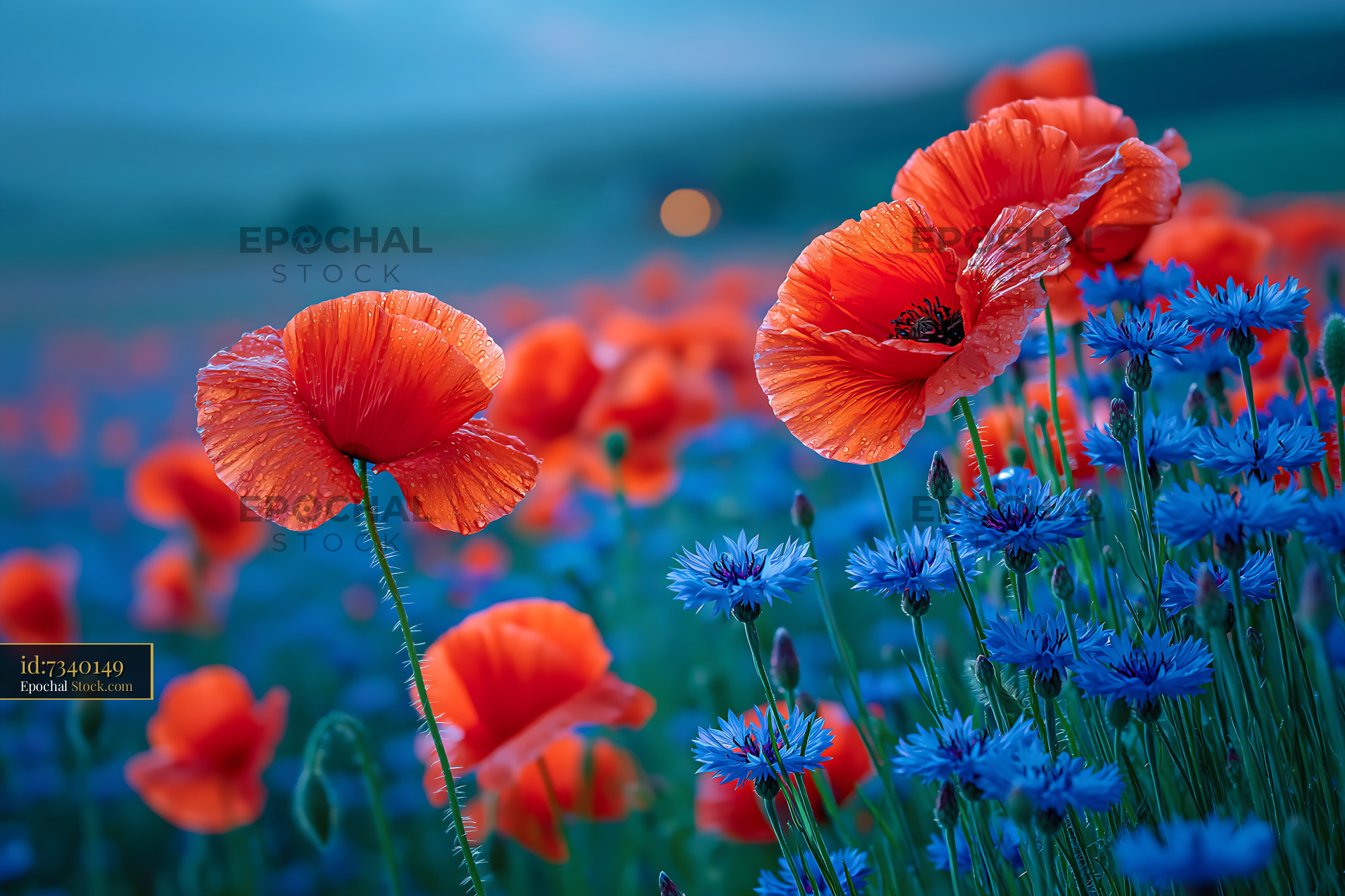 Red poppies and blue cornflowers in wildflower meadow at twilight - stock photo