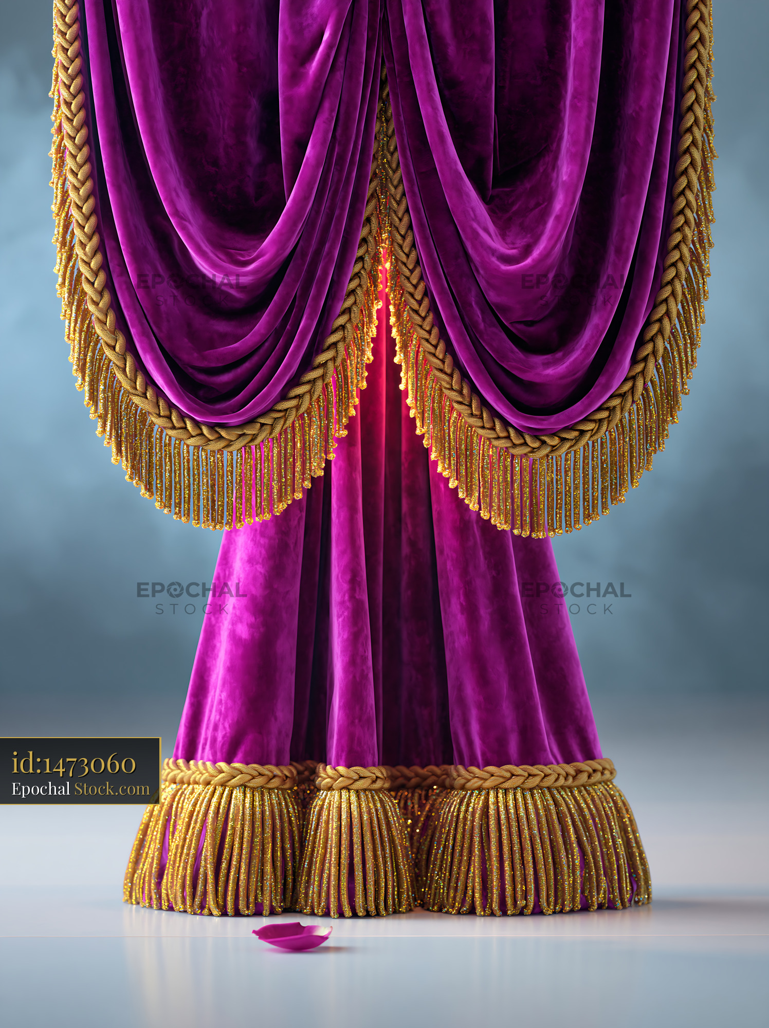 Purple velvet stage curtain with gold fringe and a fallen rose petal - stock photo