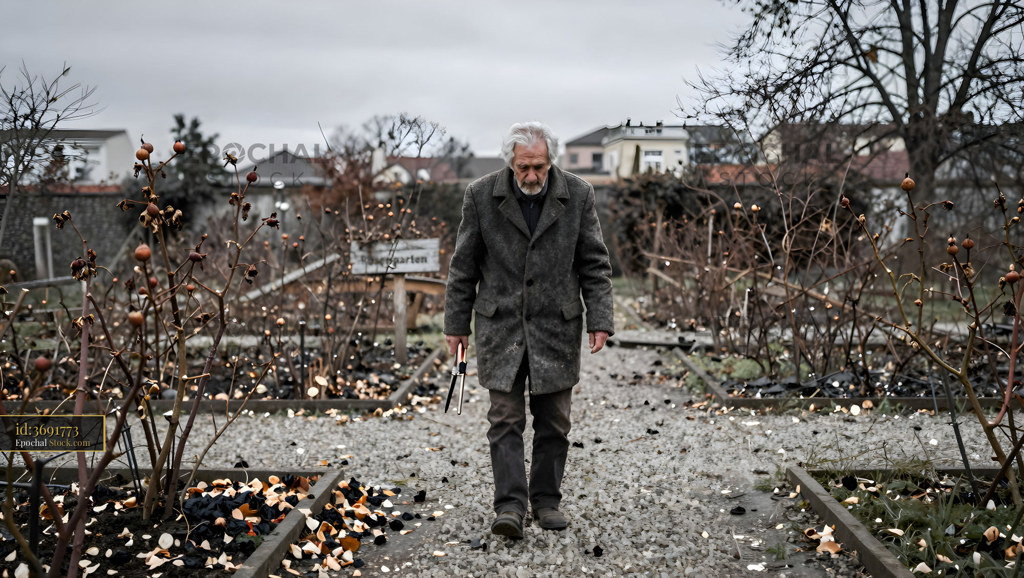 Man walks through empty garden on a cloudy day Premium Stock Image - stock photo
