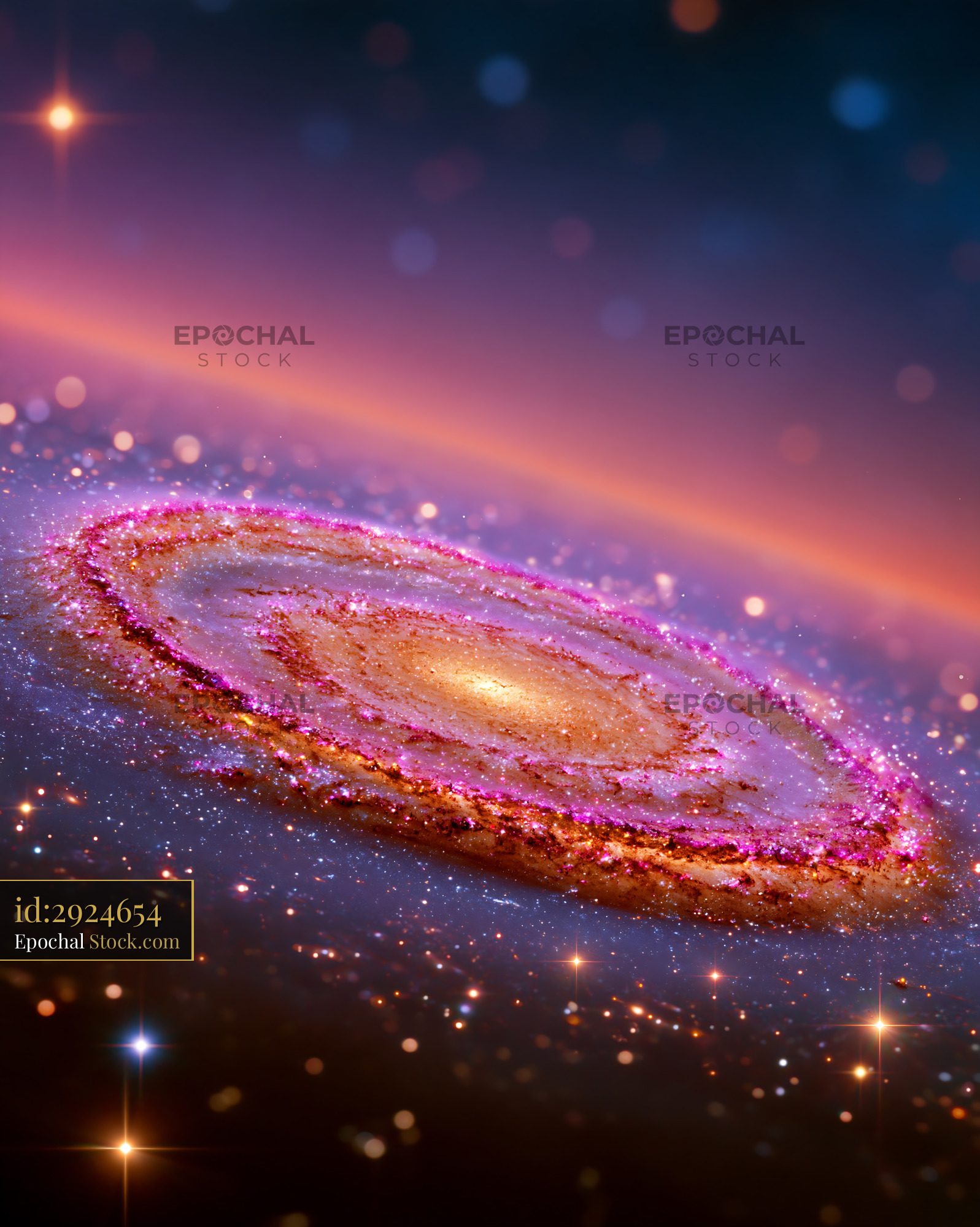Vibrant NGC 2997 spiral galaxy with glowing core and cosmic dust - stock photo