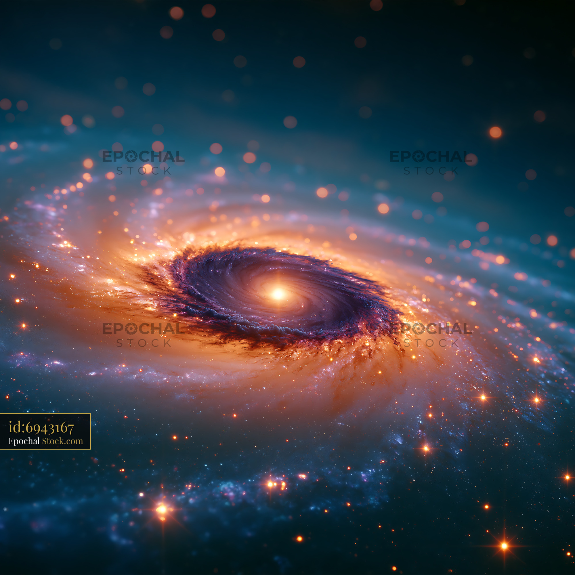Stylized spiral galaxy NGC 4038 antennae with glowing core and stars - stock photo