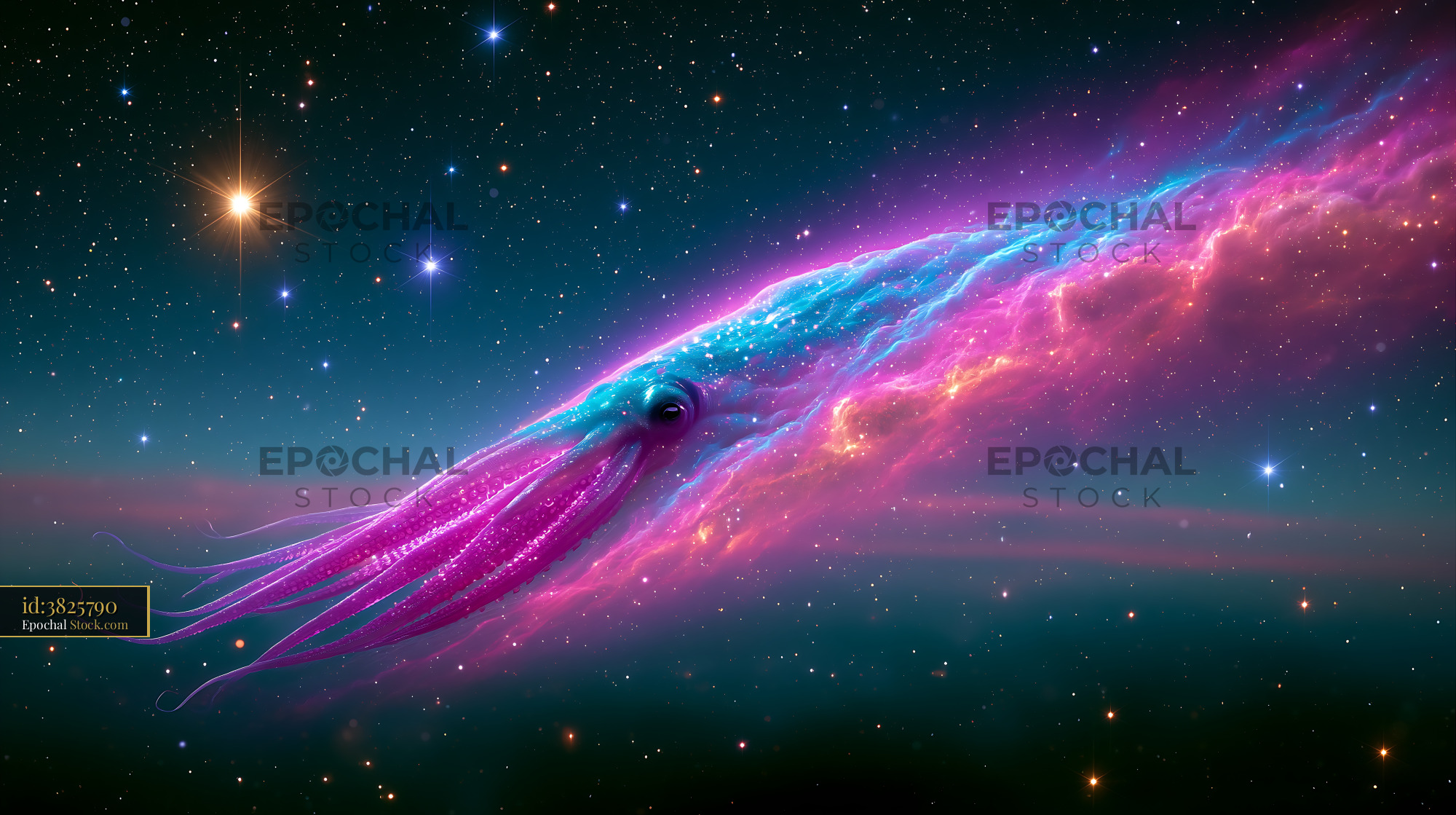 Giant cosmic squid formed from pink and blue nebula gas in deep space - stock photo