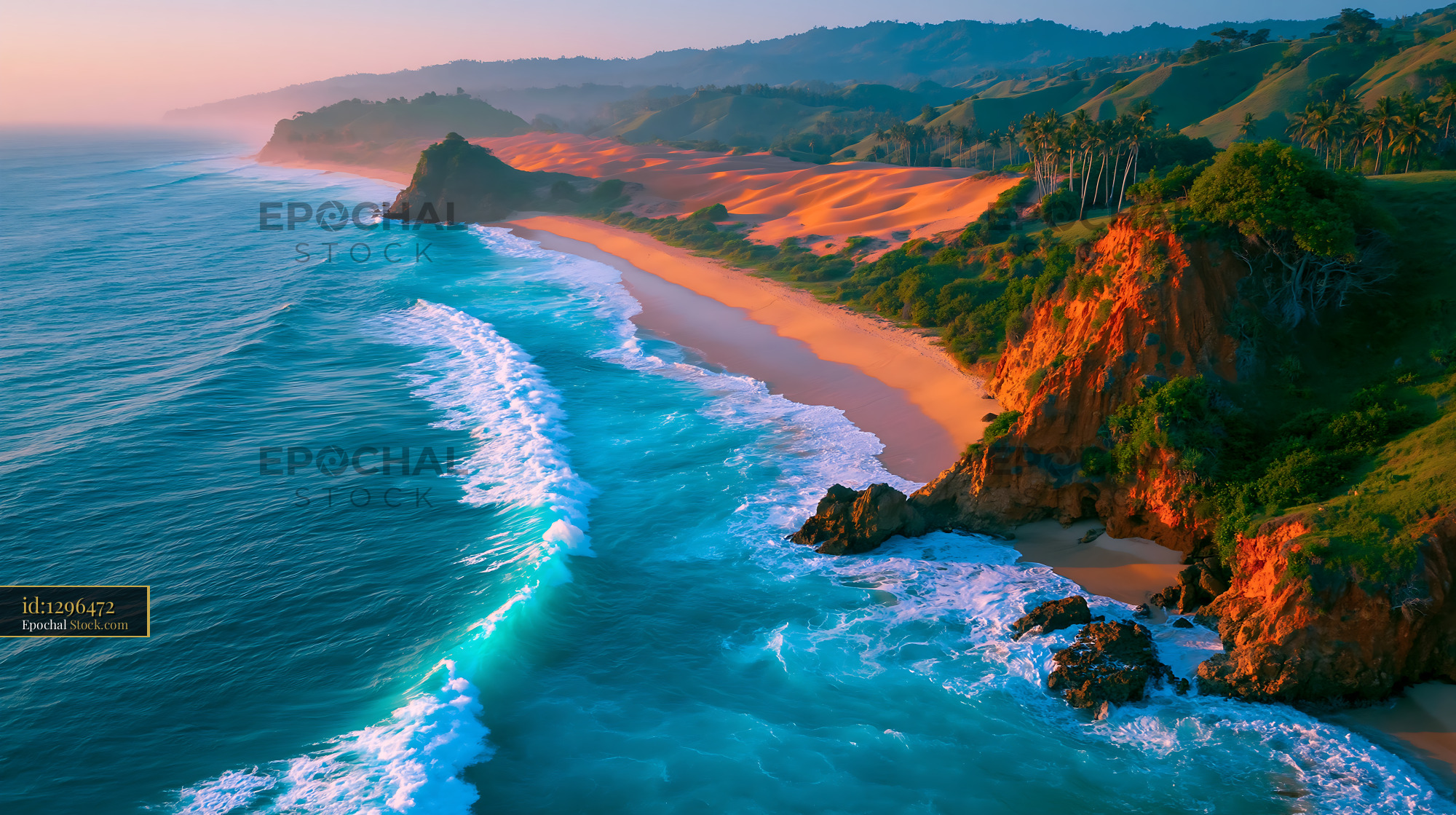 Aerial view of New Caledonia coastline with turquoise waves and cliffs - stock photo
