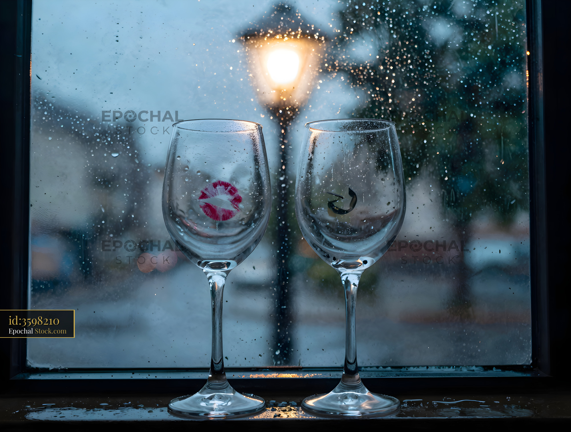Two wine glasses near a window on a rainy evening Premium Stock Image - stock photo